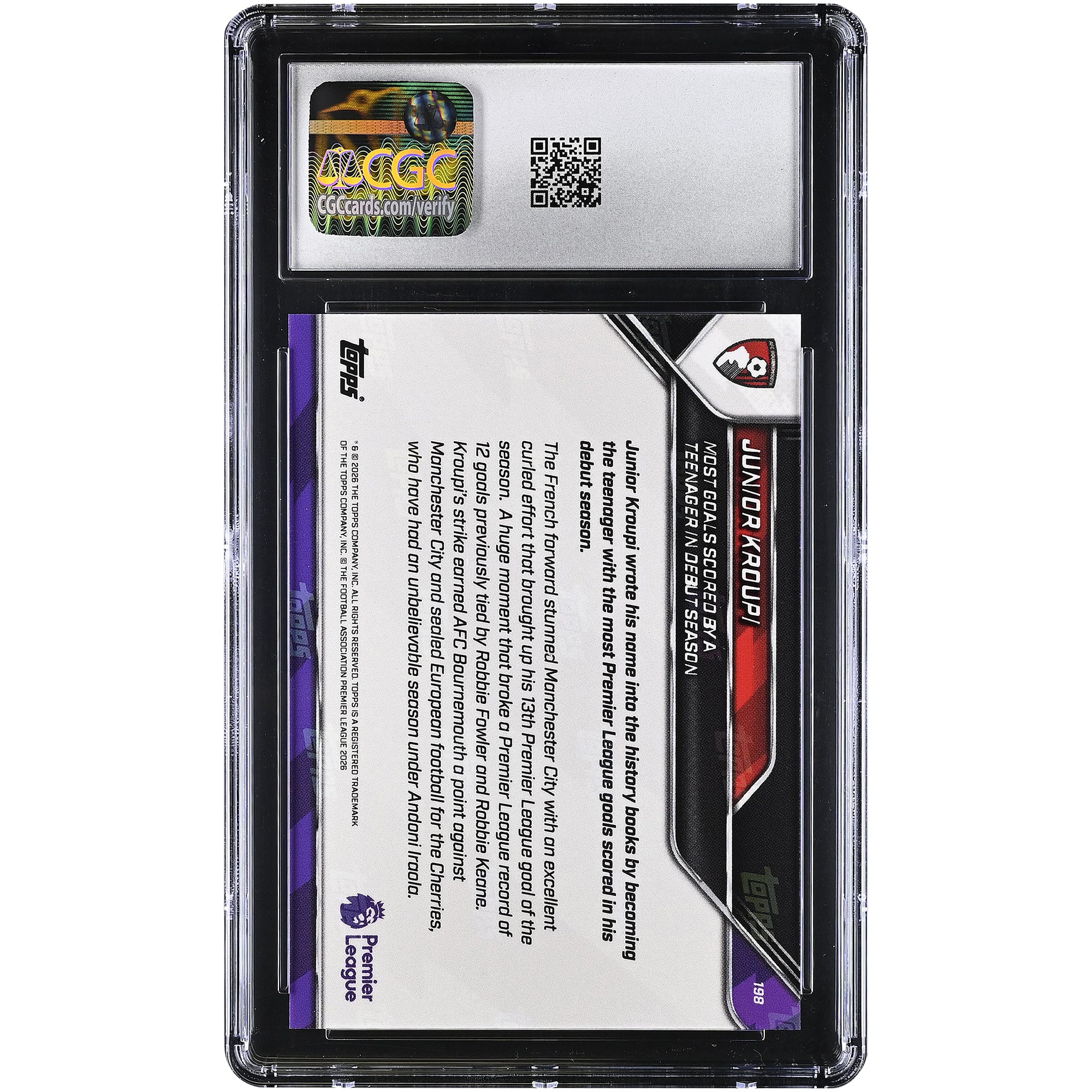 Carte Topps Now Premier League 2025-26 de Junior Kroupi (AFC Bournemouth), meilleur buteur adolescent lors de sa première saison (n° 198), authentifiée CGC, état neuf (GEM MINT 10).