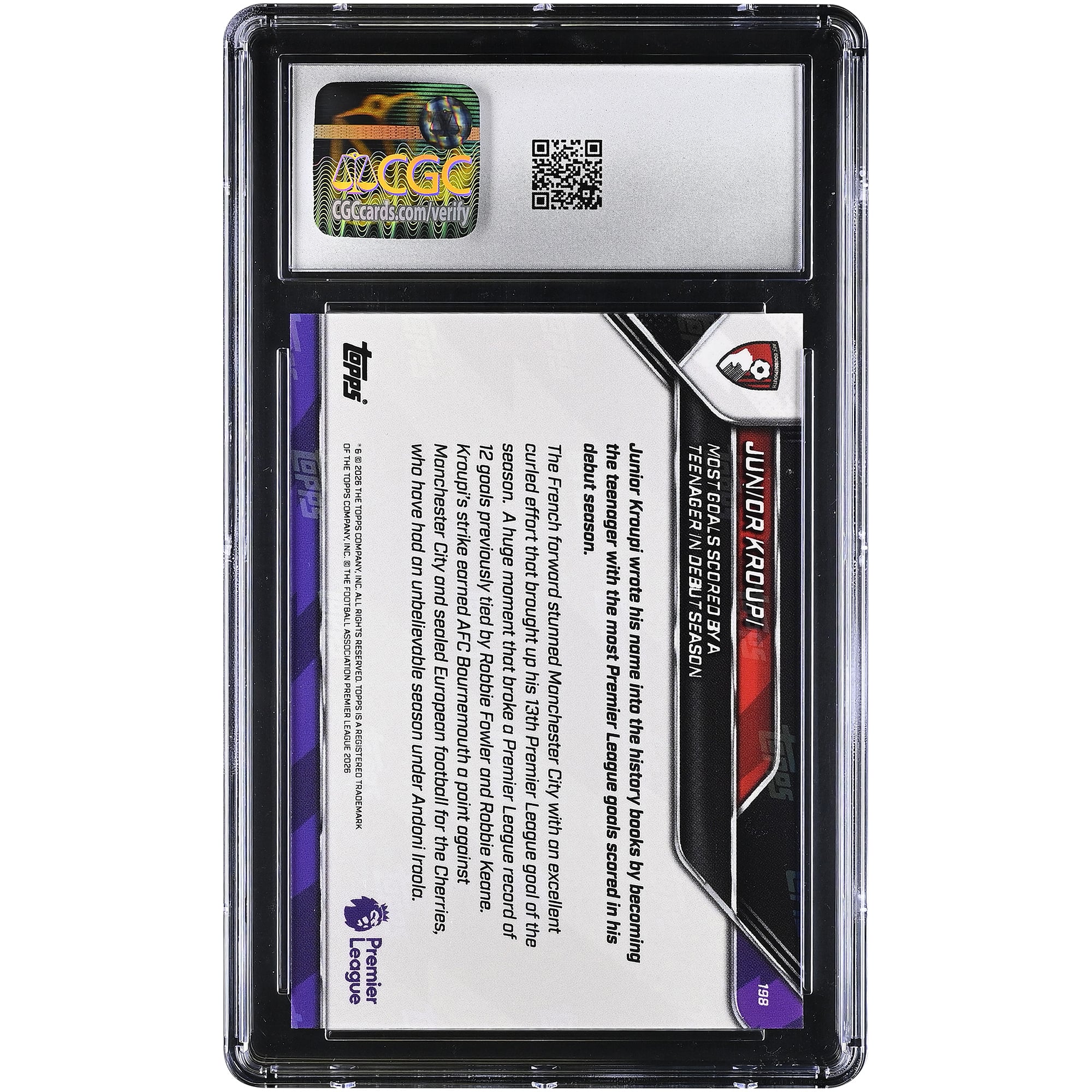 Carte n° 198 de Junior Kroupi (AFC Bournemouth, saison 2025-26, Topps Now Premier League, meilleur buteur adolescent lors de sa première saison), authentifiée CGC MINT+ 9.5.