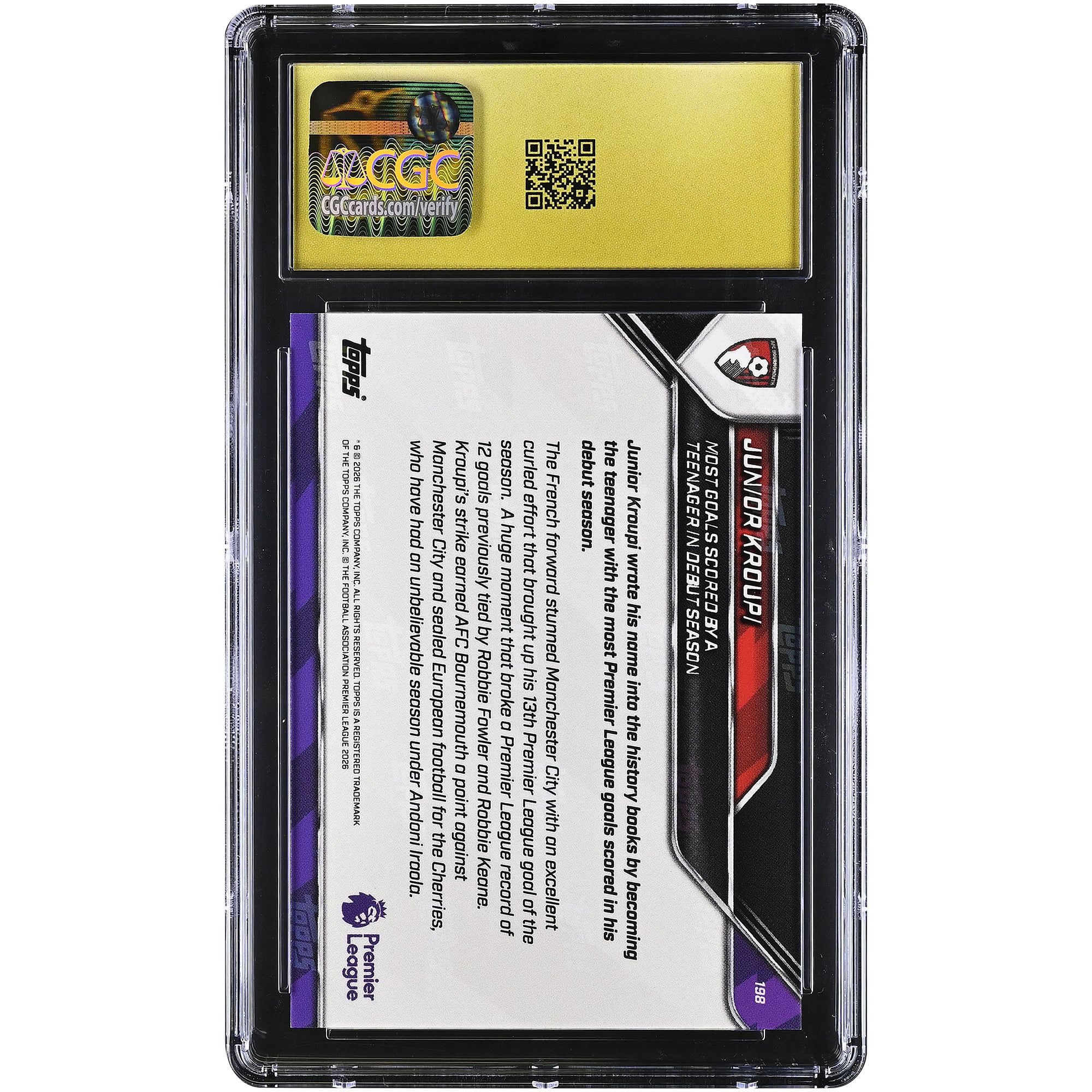 Carte Topps Now Premier League Junior Kroupi AFC Bournemouth 2025-26, Meilleur buteur adolescent lors de sa première saison, n° 198, authentifiée CGC, état PRISTINE 10