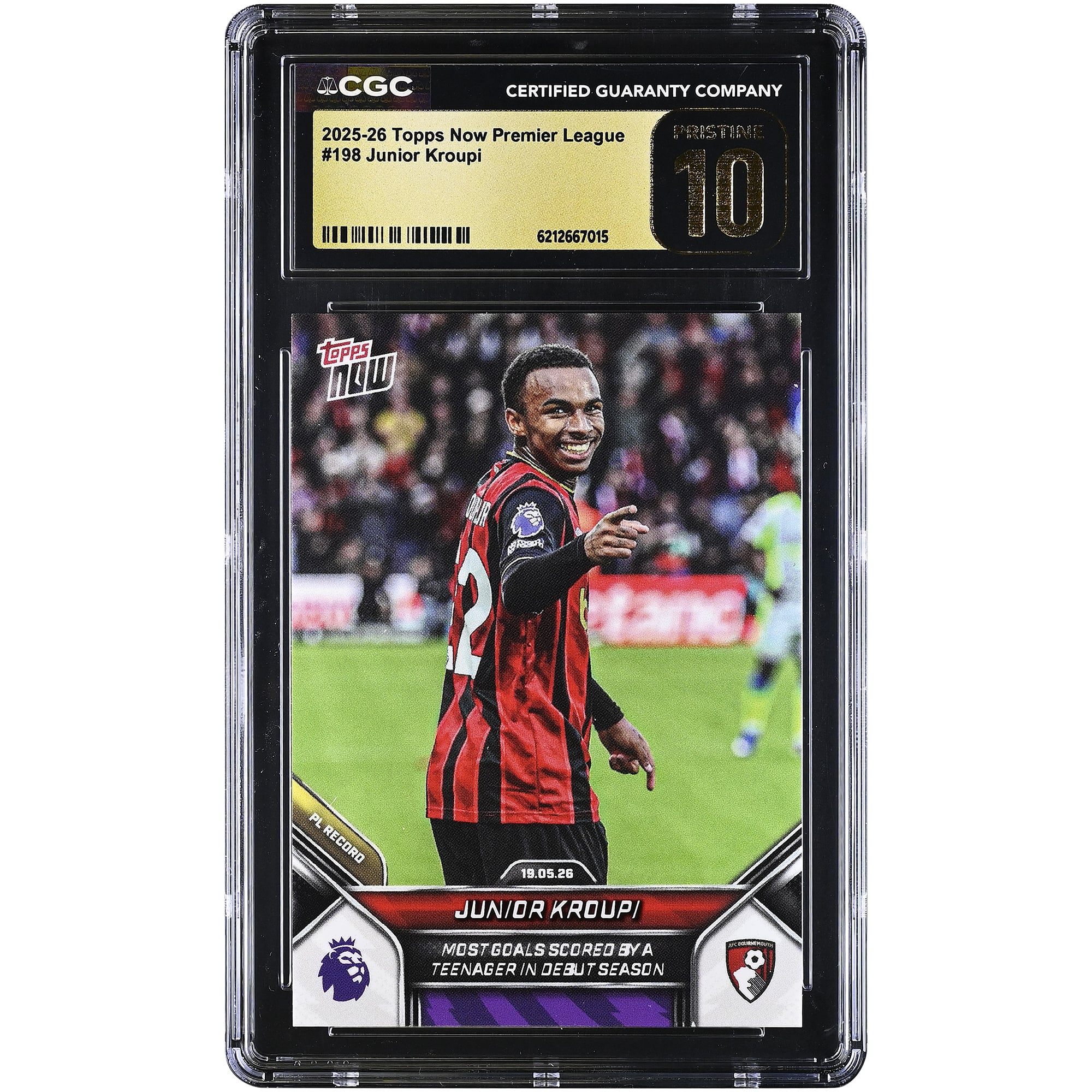 Carte Topps Now Premier League Junior Kroupi AFC Bournemouth 2025-26, Meilleur buteur adolescent lors de sa première saison, n° 198, authentifiée CGC, état PRISTINE 10