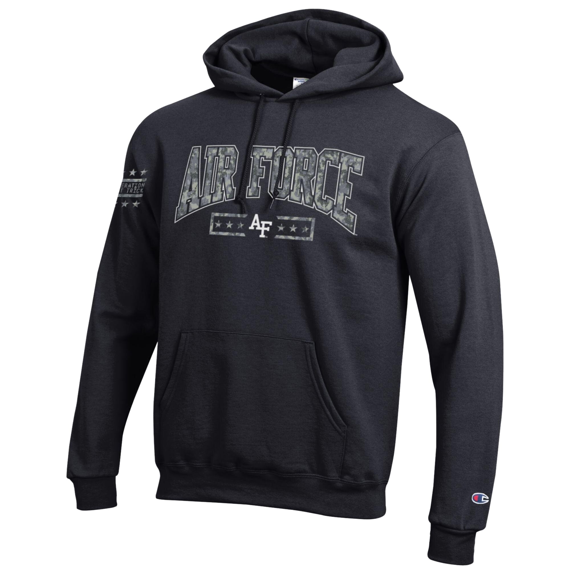 Men's Champion Black Air Force Falcons Operation Hat Trick Camo Script Powerblend Fleece Hoodie