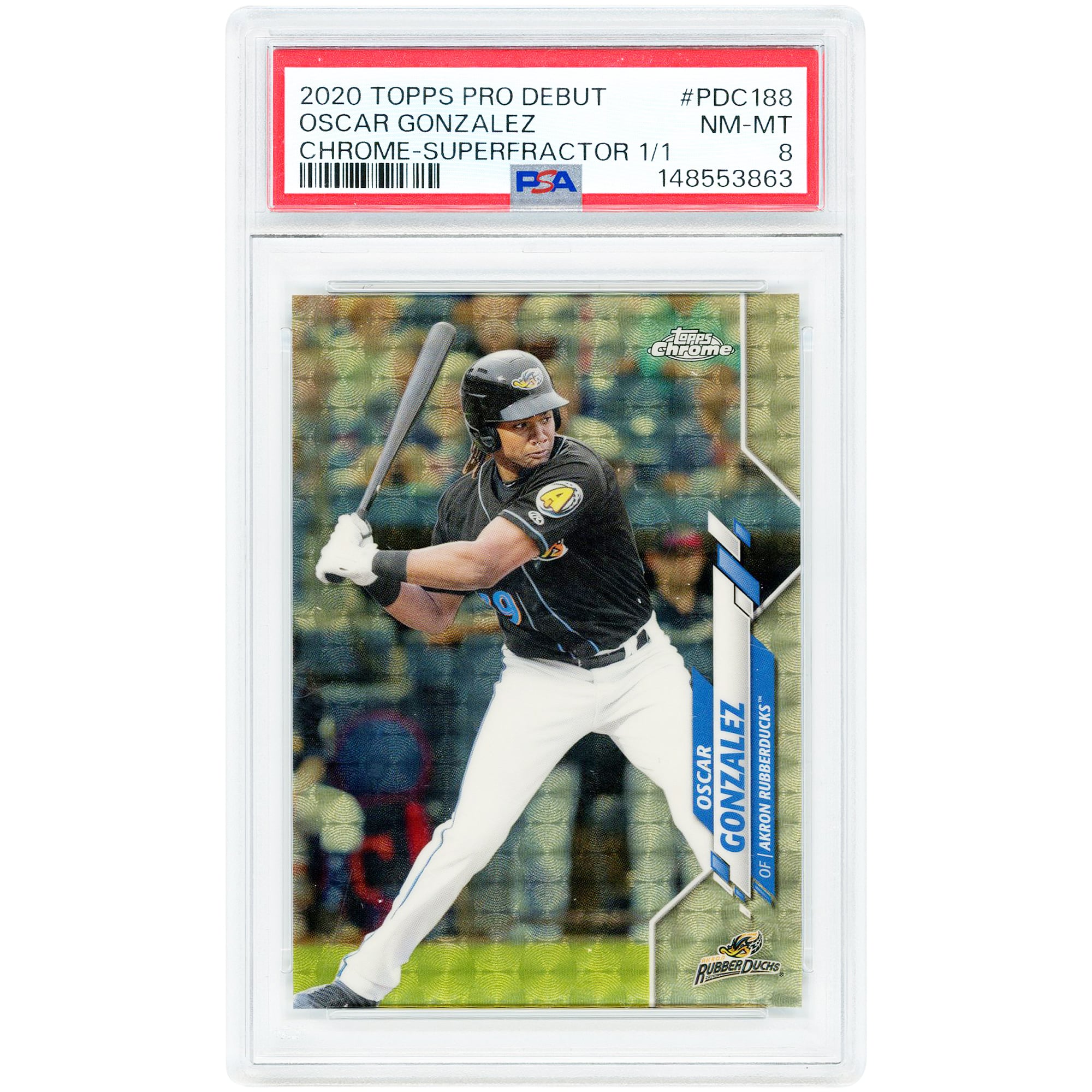 Carte Oscar Gonzalez Akron RubberDucks 2020 Topps Pro Debut Chrome Superfractor #PDC-188 #1/1 authentifiée PSA 8