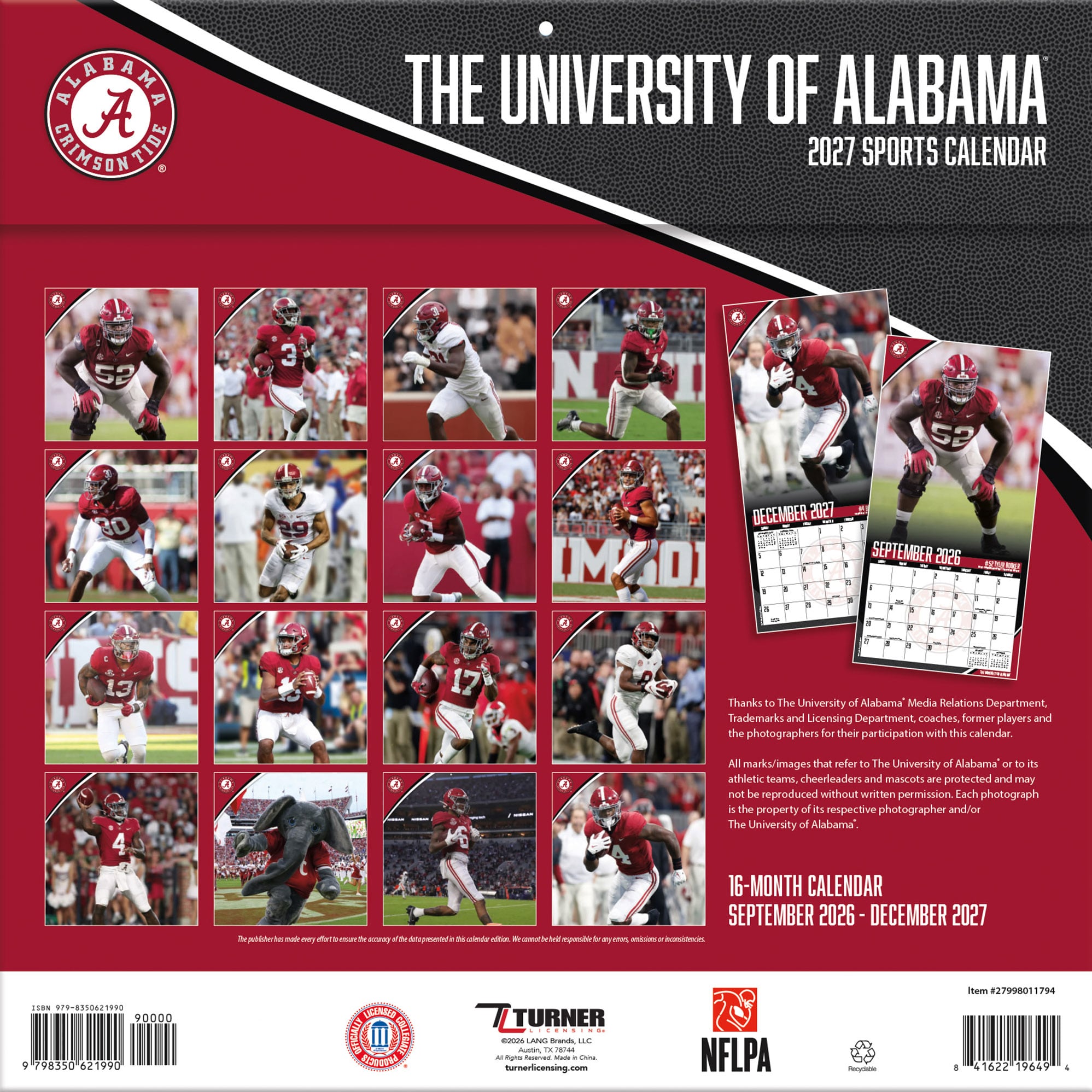 Alabama Crimson Tide 2027 12” x 12” Team Wall Calendar