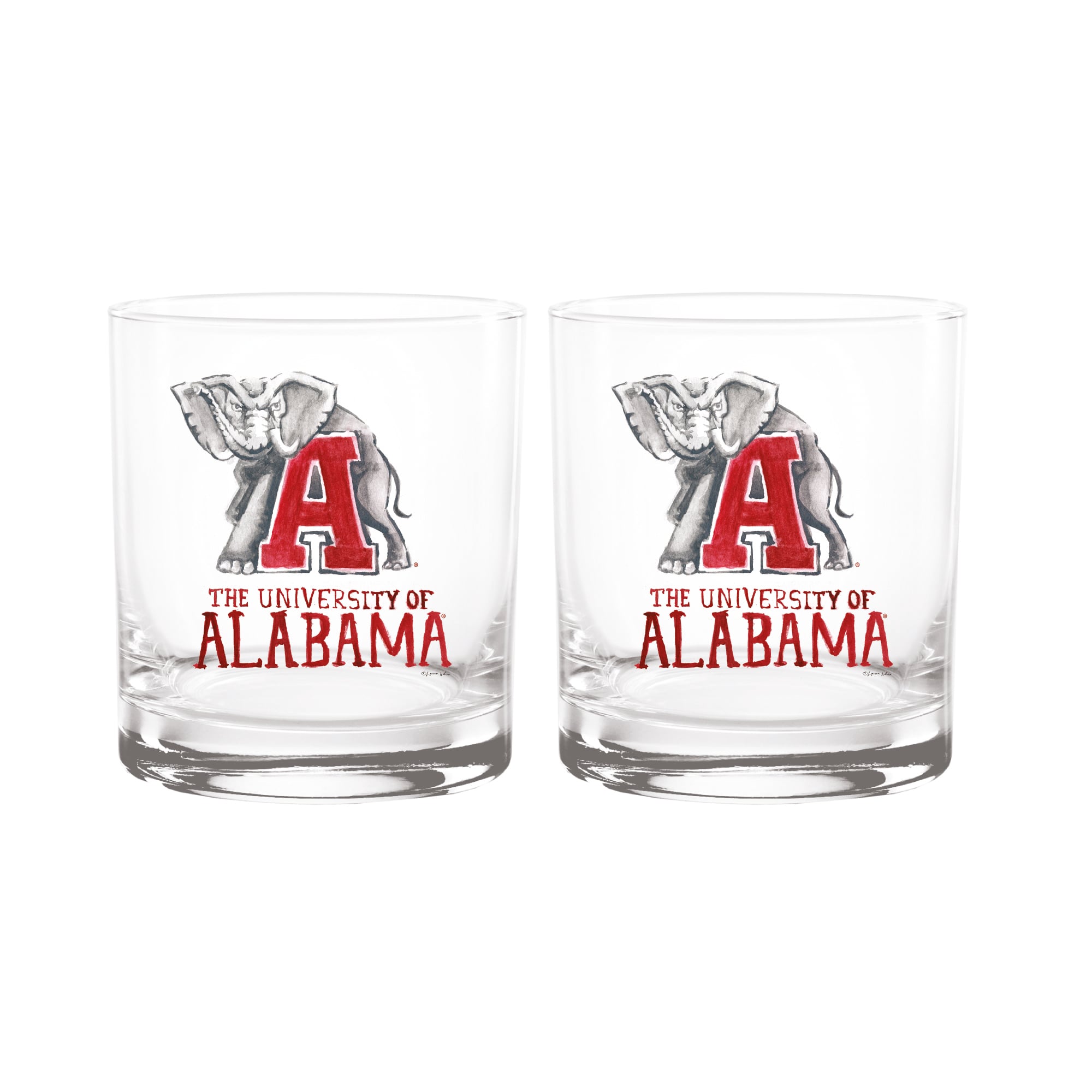 Ensemble de 2 verres à whisky à l'effigie de Laura Wilcox, mascotte des Crimson Tide d'Indigo Falls, Alabama.