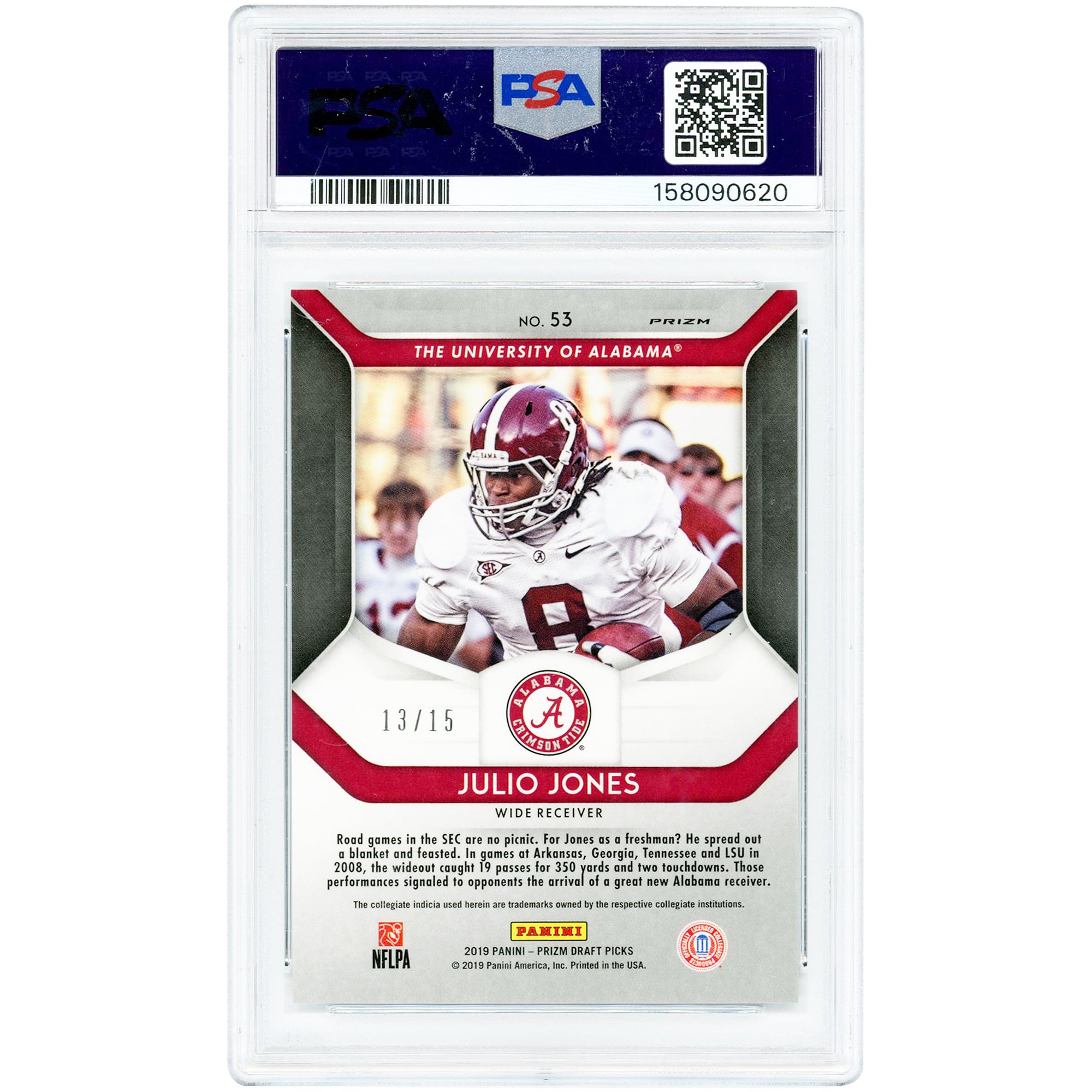 Julio Jones Alabama Crimson Tide 2019 Panini Prizm Draft Picks White Sparkle #53 PSA Authenticated 10 Card