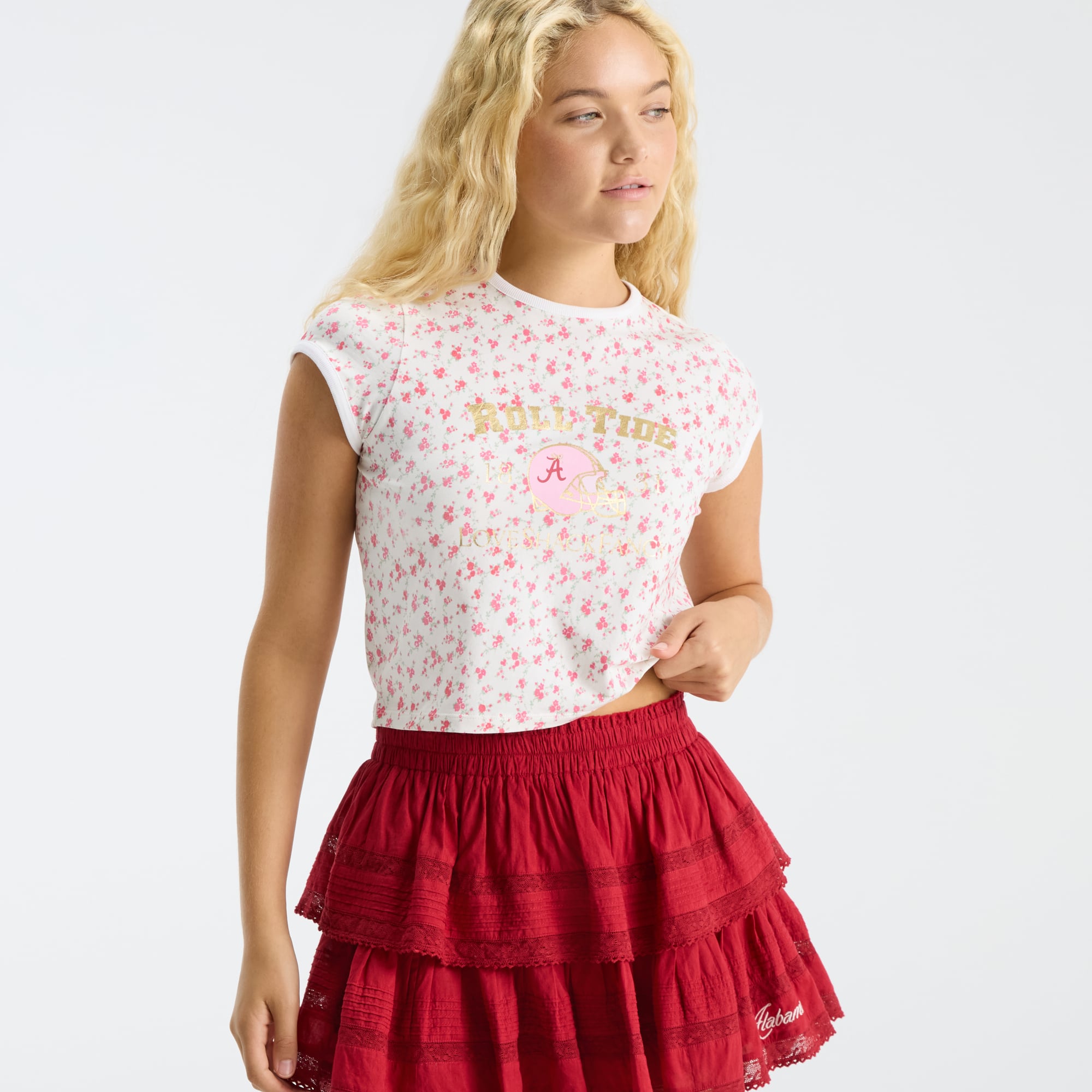 LoveShackFancy Women's Crimson Alabama Tide Ruffle Mini Skirt
