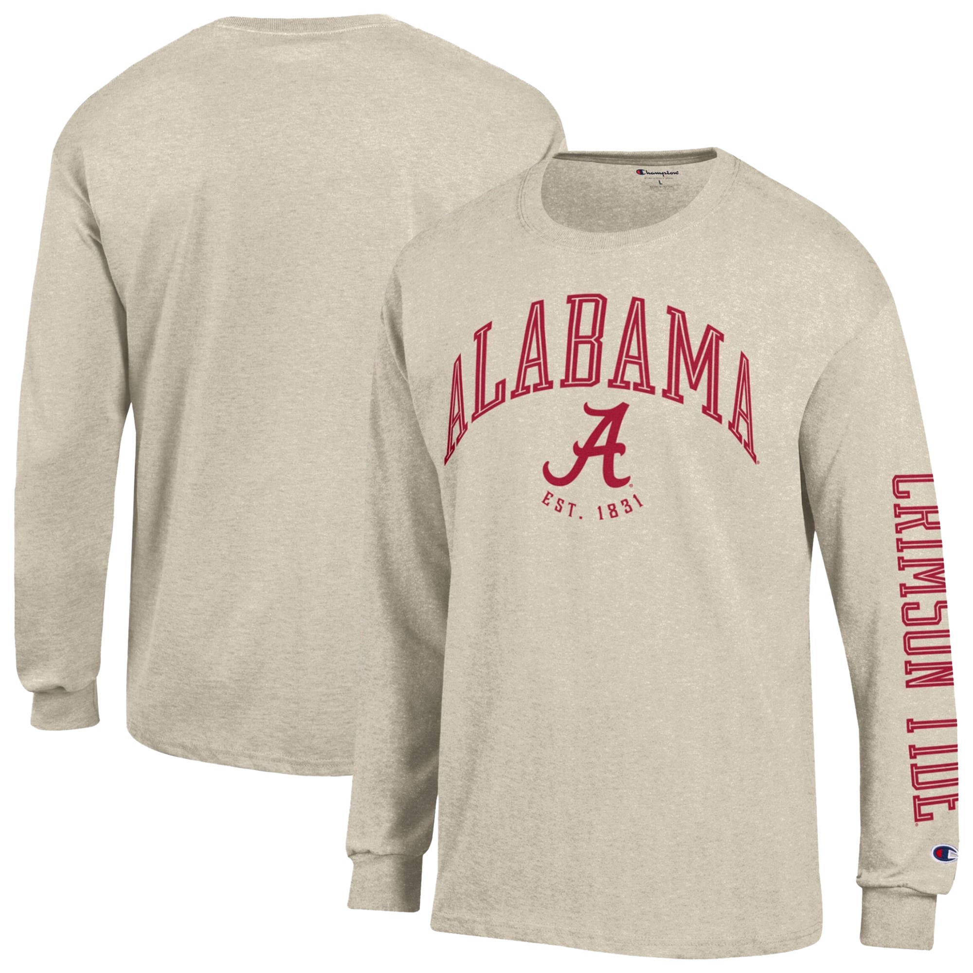 Men's Champion Heather Oatmeal Alabama Crimson Tide Neutral Arch Long-Sleeve T-Shirt