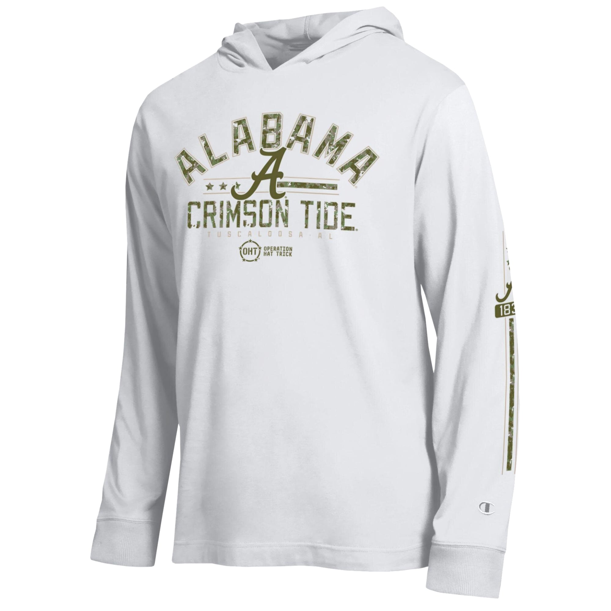 Men's Champion White Alabama Crimson Tide Operation Hat Trick Sleeve Line Hooded Long T-Shirt