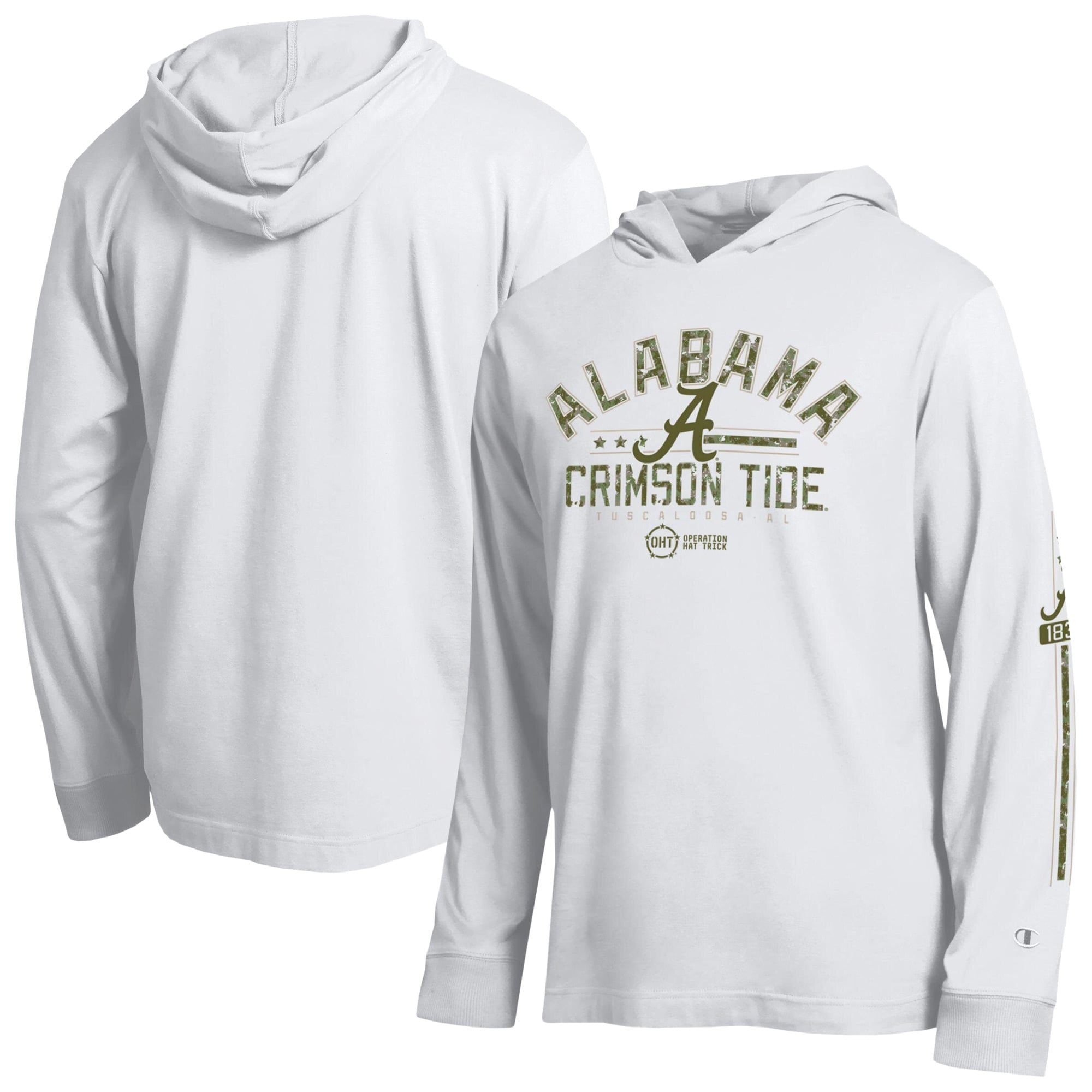 Men's Champion White Alabama Crimson Tide Operation Hat Trick Sleeve Line Hooded Long T-Shirt