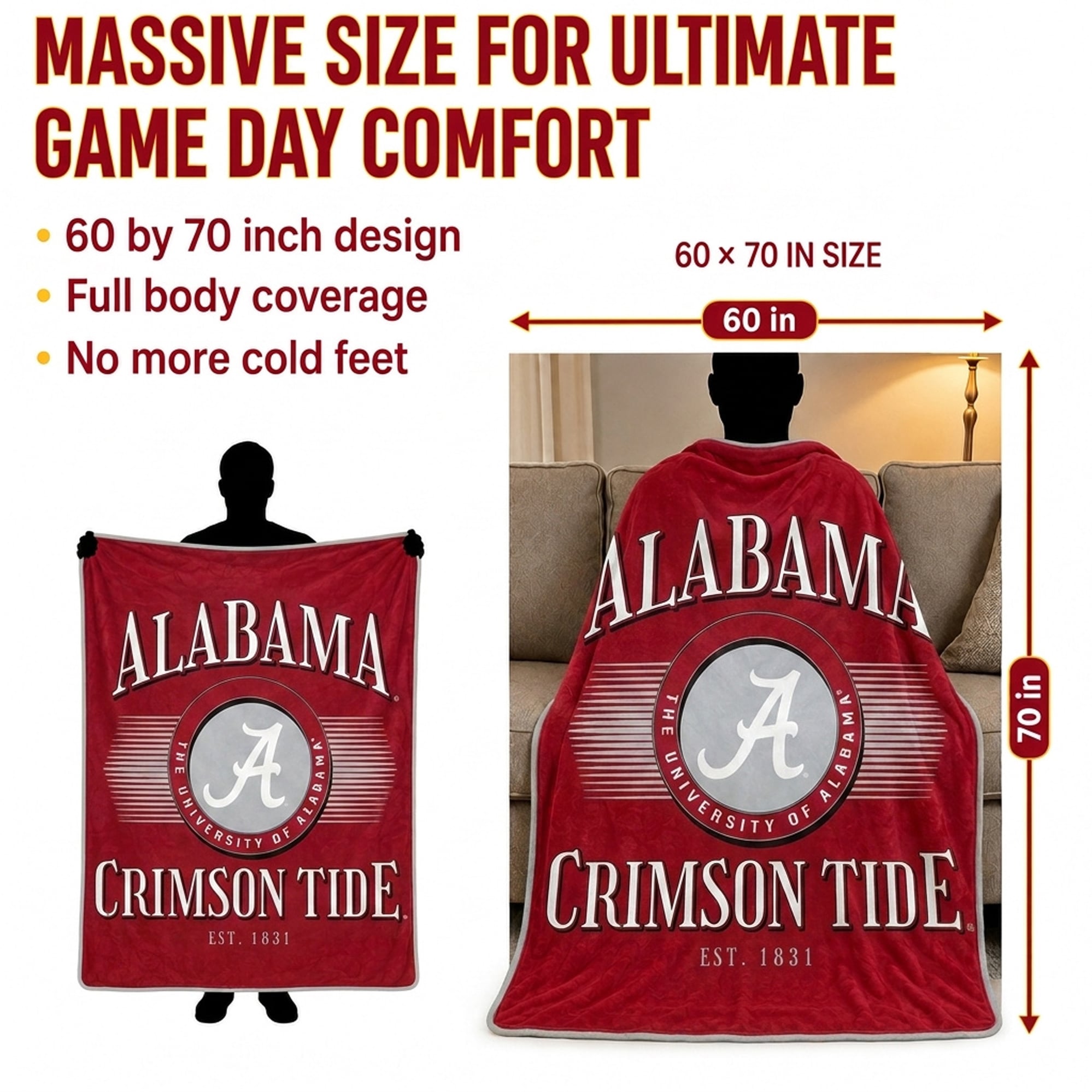 Couverture Pegasus Alabama Crimson Tide Spotlight Arch 60" x 70" ultra douce