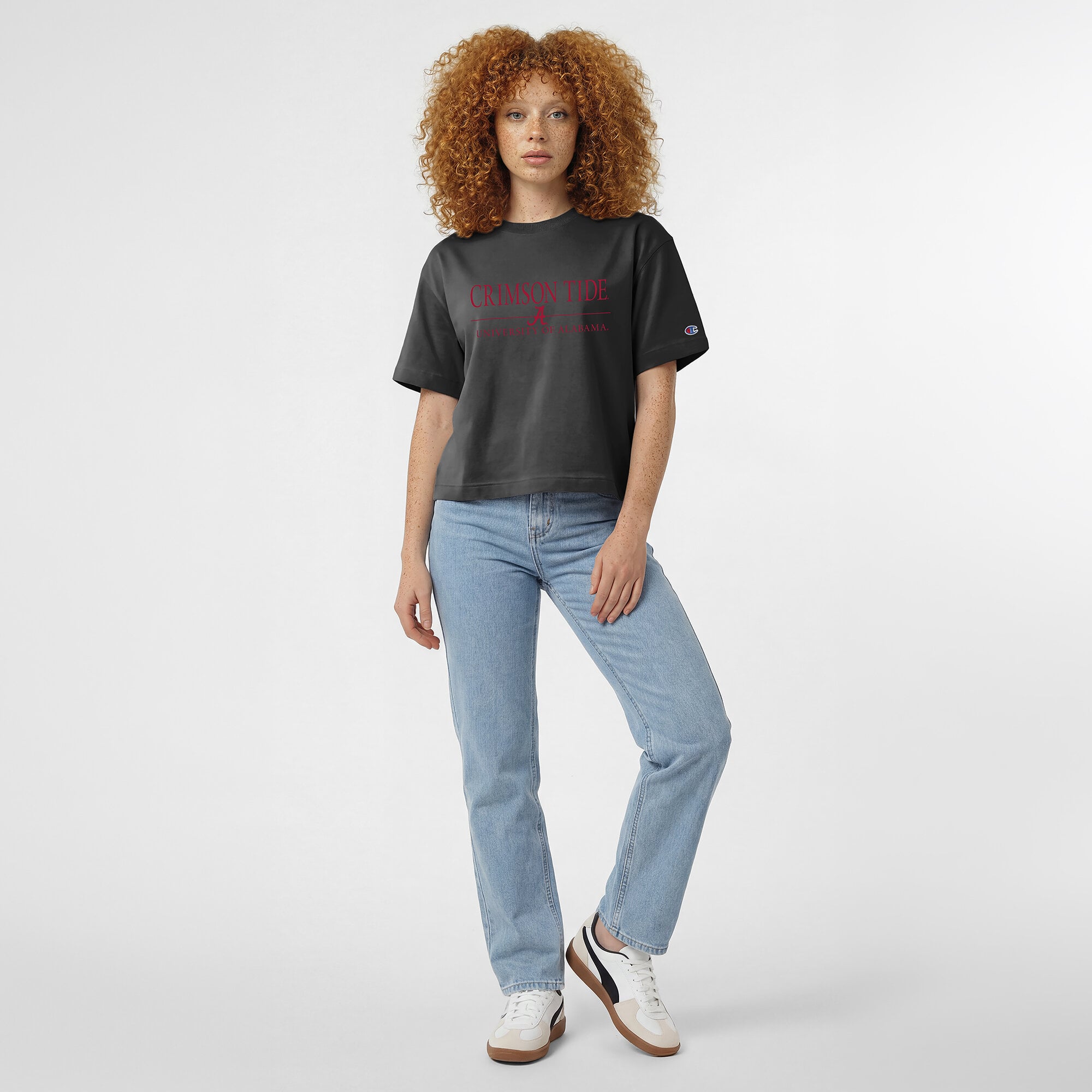T-shirt Champion noir pour femme, modèle Alabama Crimson Tide, longueur taille, avec logo.