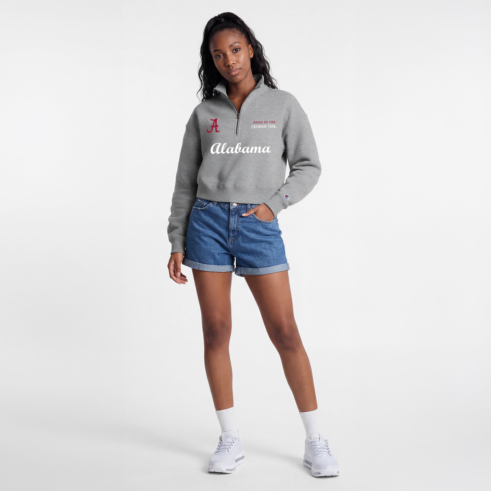 Pull-over Champion gris pour femme, modèle Academic Triumph à quart de zip, en mélange trois matières, aux couleurs l'Alabama Crimson Tide.