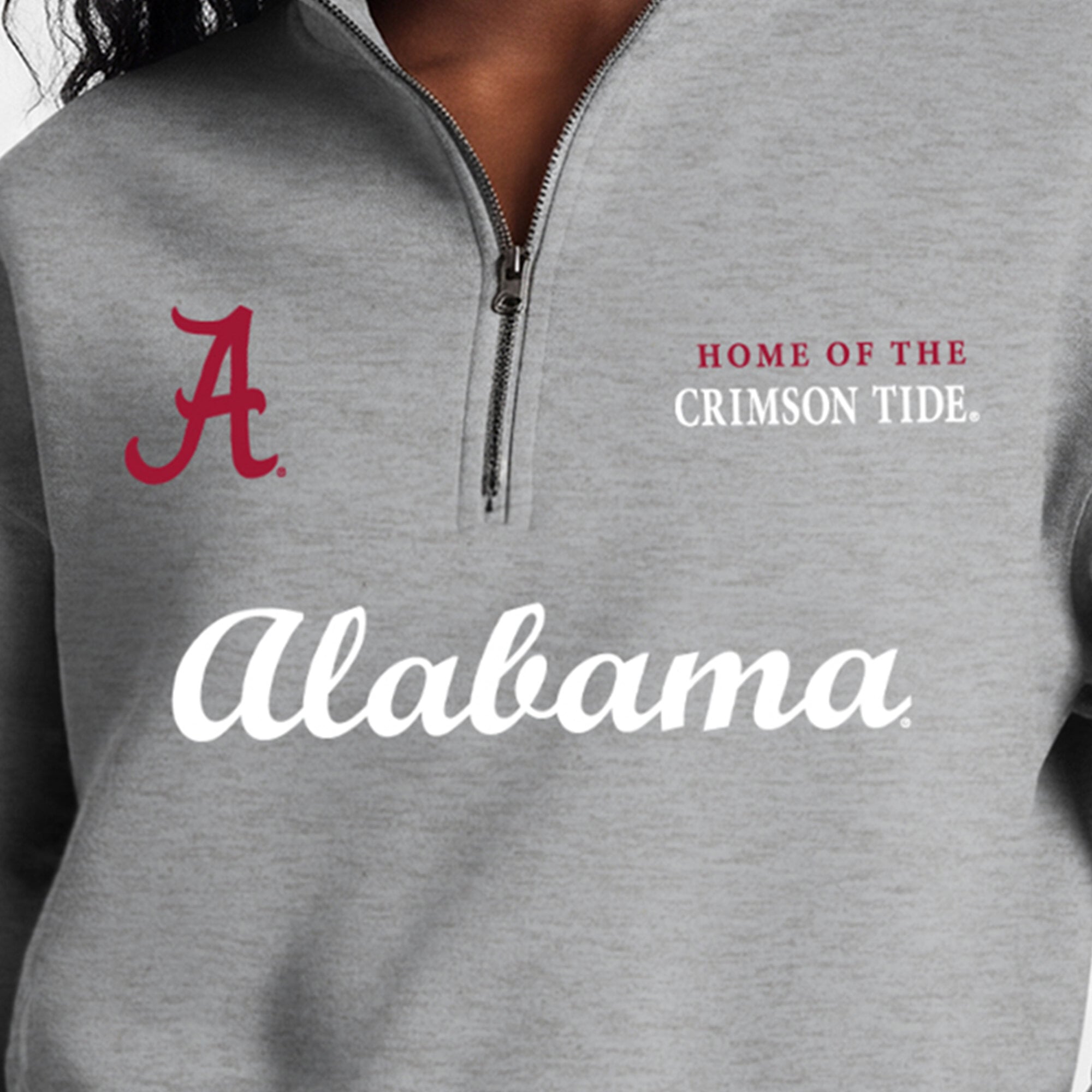 Pull-over Champion gris pour femme, modèle Academic Triumph à quart de zip, en mélange trois matières, aux couleurs l'Alabama Crimson Tide.