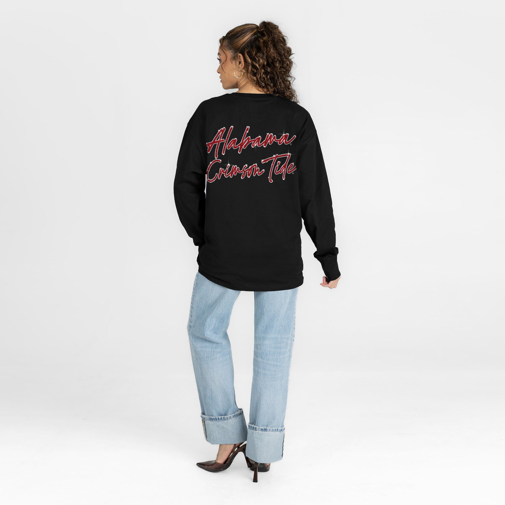 T-shirt à manches longues noir Alabama Crimson Tide Light It Up strass pour femmes, collection Gameday Couture