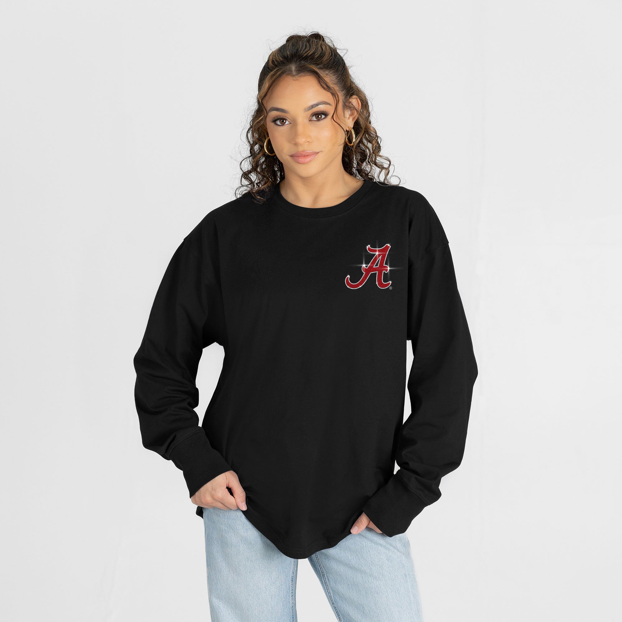 T-shirt à manches longues noir Alabama Crimson Tide Light It Up strass pour femmes, collection Gameday Couture
