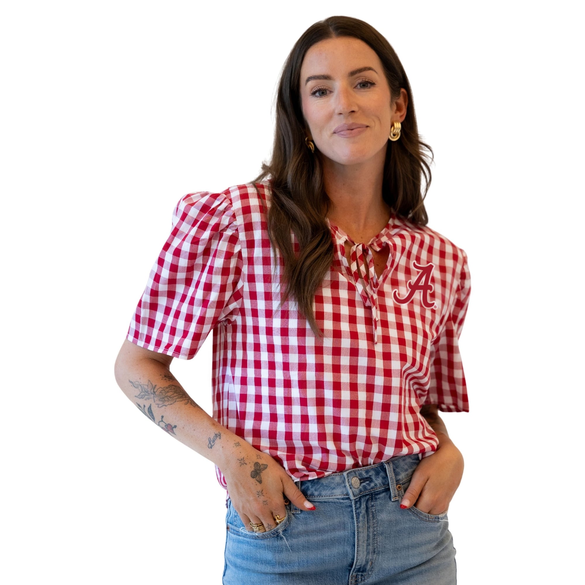 Blouse à carreaux vichy intégrale pour femmes, motif Crimson Alabama Tide, idéale les jours de match.