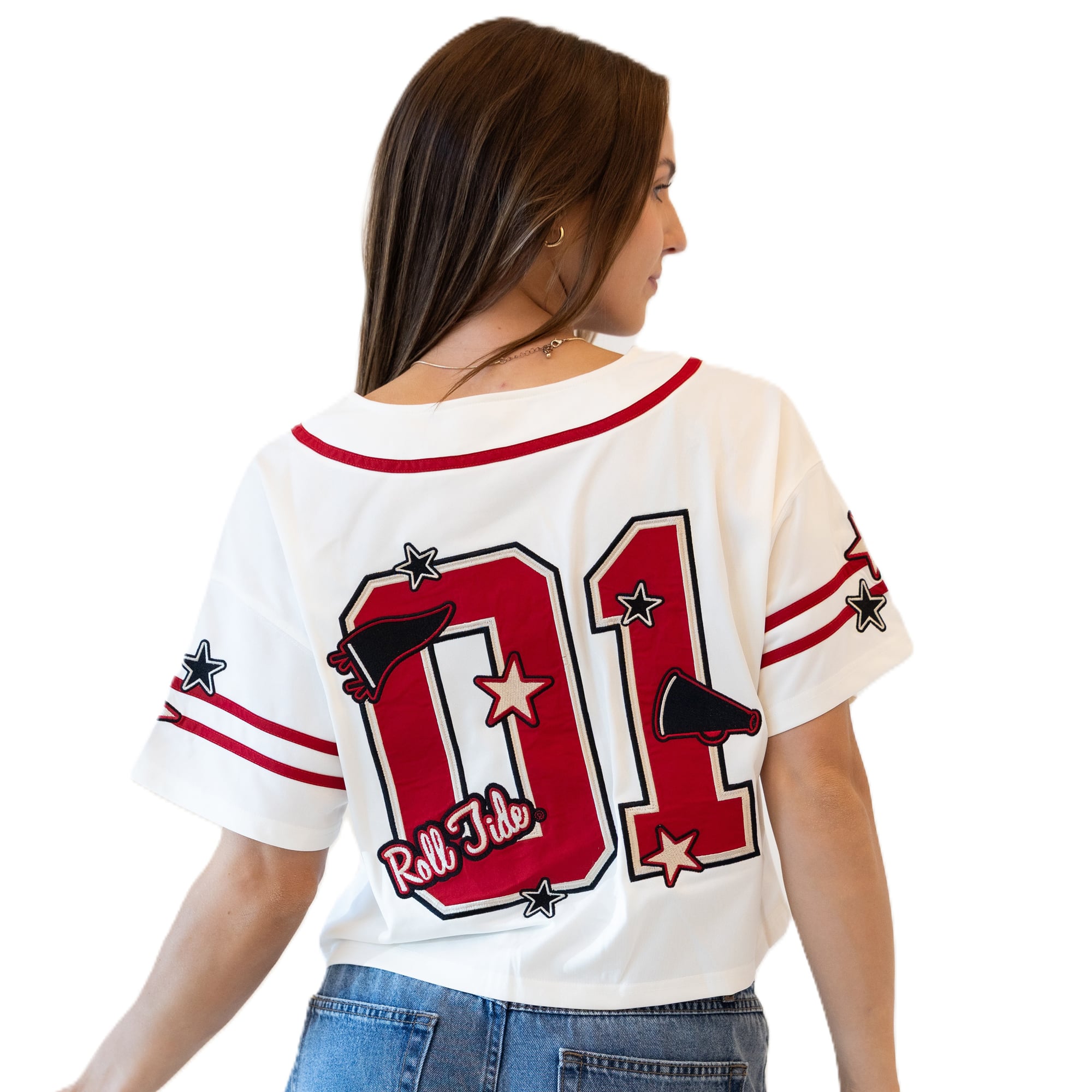 Maillot de baseball court à patch Off White Alabama Crimson Tide pour femmes, style Gameday Social