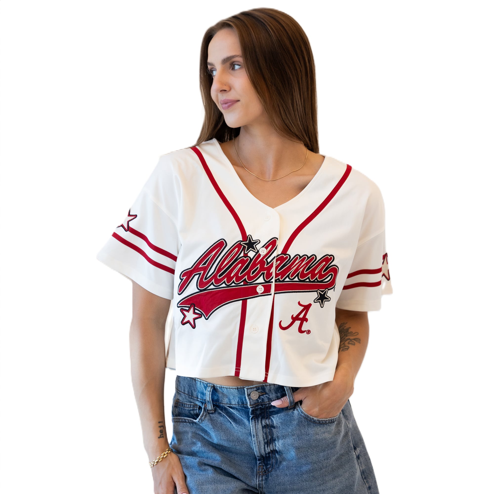 Maillot de baseball court à patch Off White Alabama Crimson Tide pour femmes, style Gameday Social