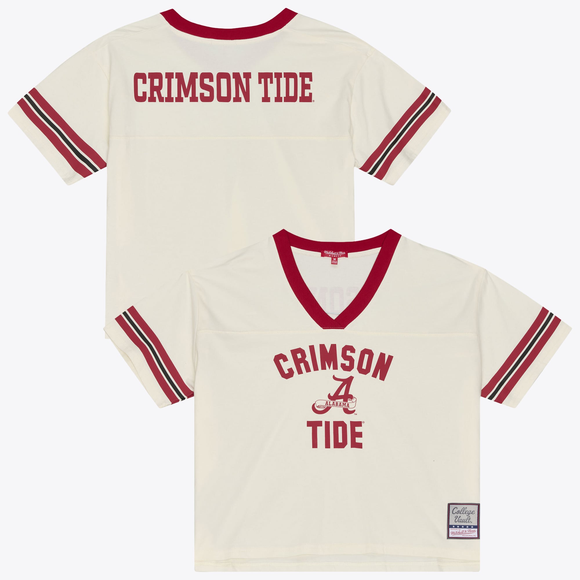 Women's Mitchell & Ness Cream Alabama Crimson Tide Retro Roots Crop Boxy Yoke T-Shirt