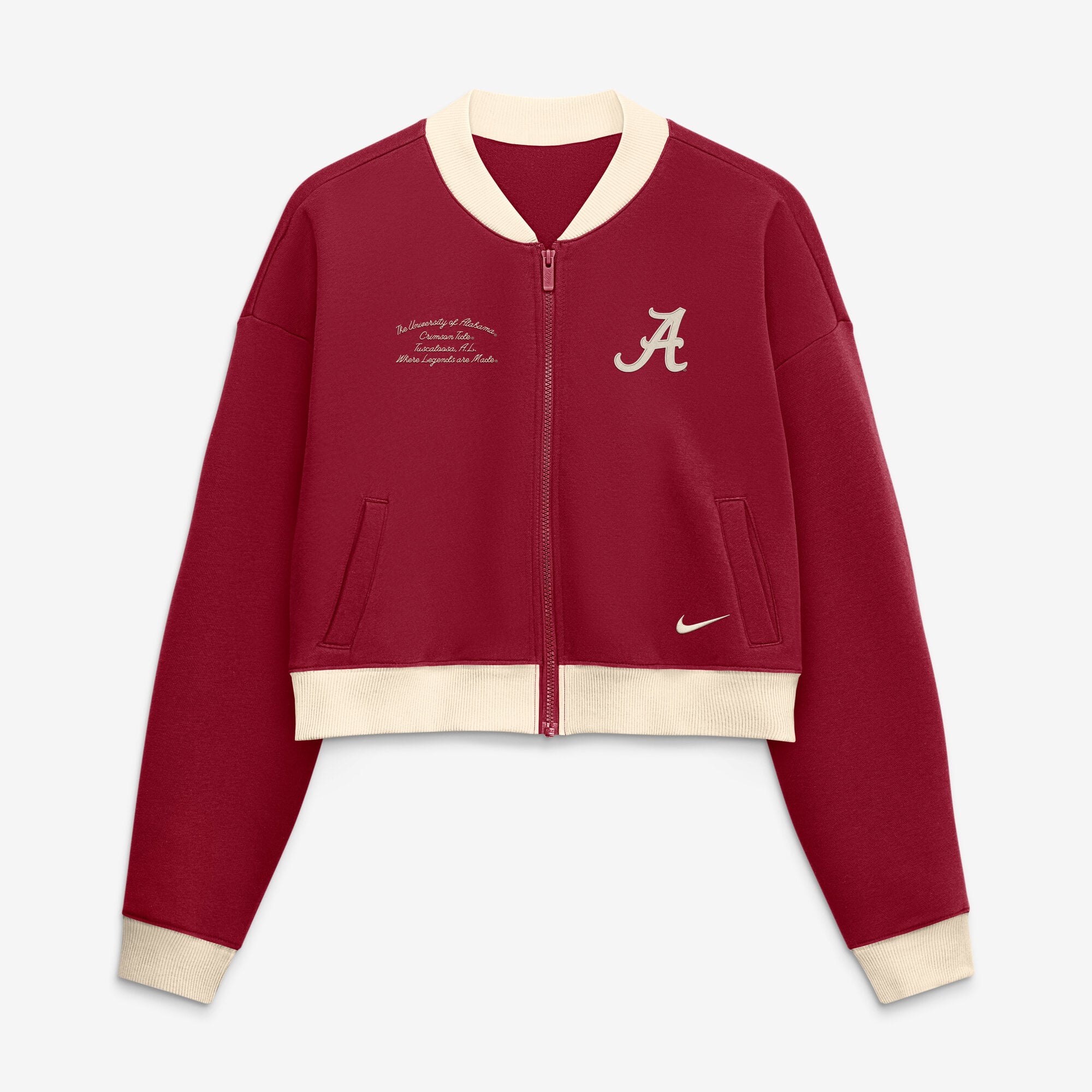 Women's Nike Crimson Alabama Tide Oversized Academic Cropped Full-Zip Bomber Jacket