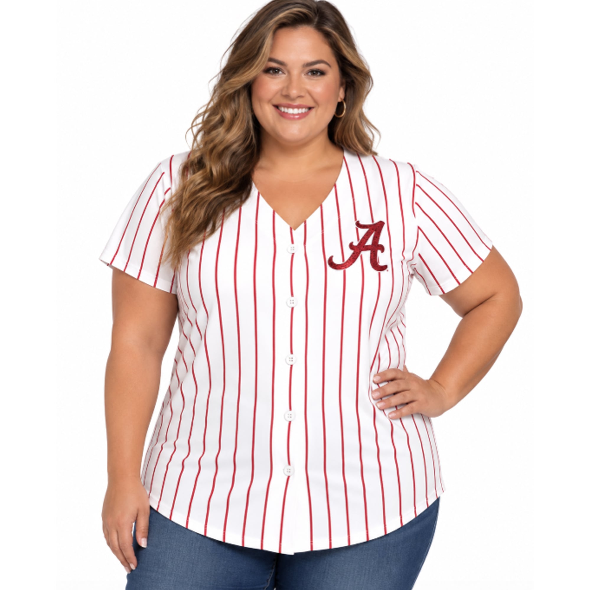 Women's Profile White/Crimson Alabama Crimson Tide Plus Stripe Glitter Button-Up Fashion Jersey Top