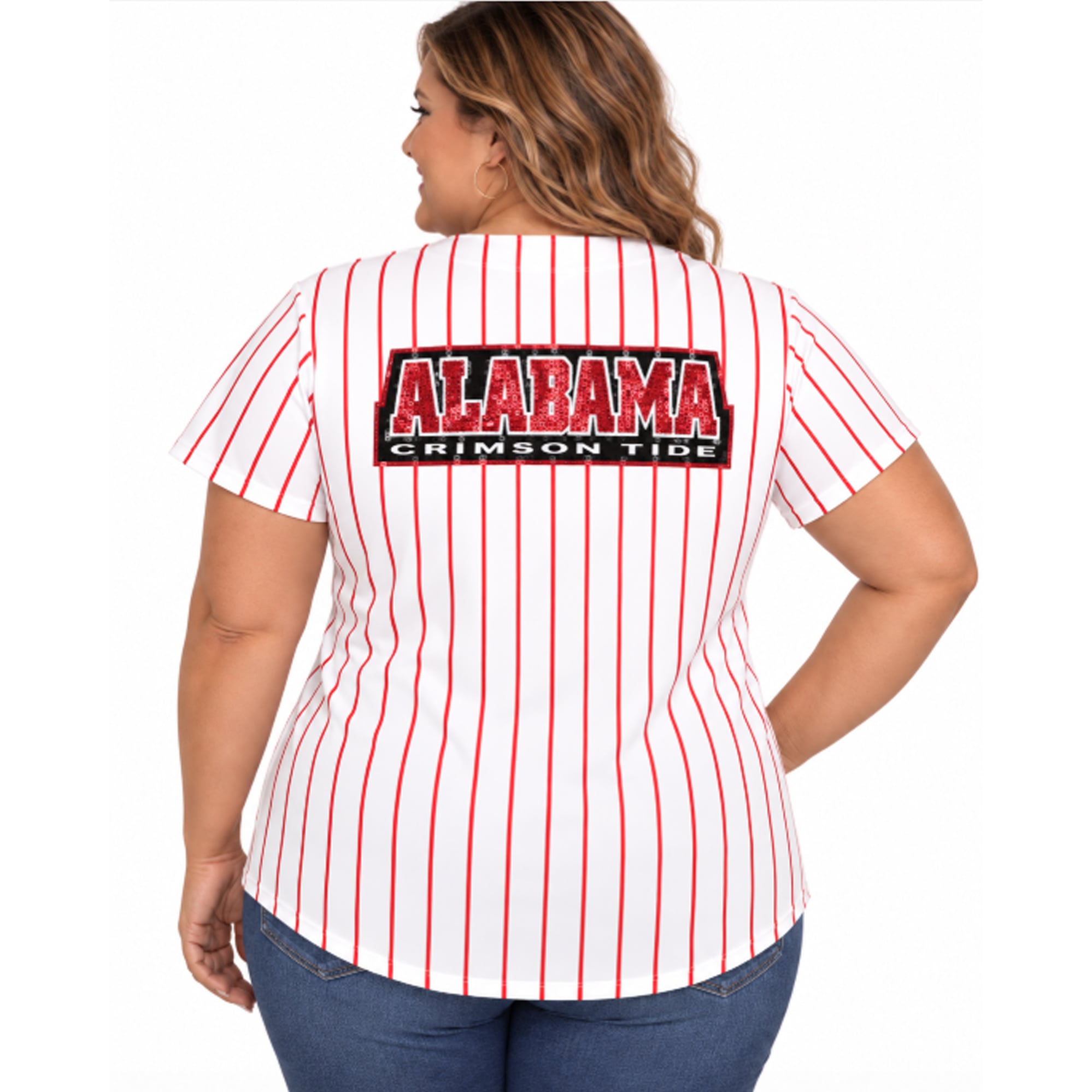 Women's Profile White/Crimson Alabama Crimson Tide Plus Stripe Glitter Button-Up Fashion Jersey Top