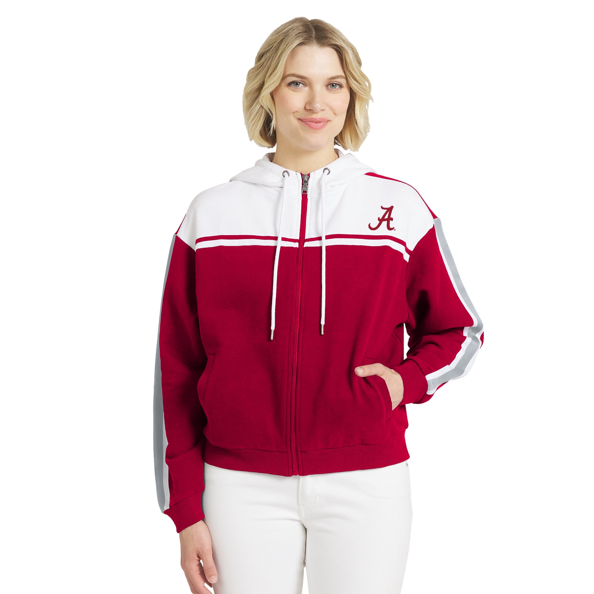 Sweat à capuche zippé rayures colorblock sur les manches, collection femme WEAR by Erin Andrews Crimson Alabama Tide