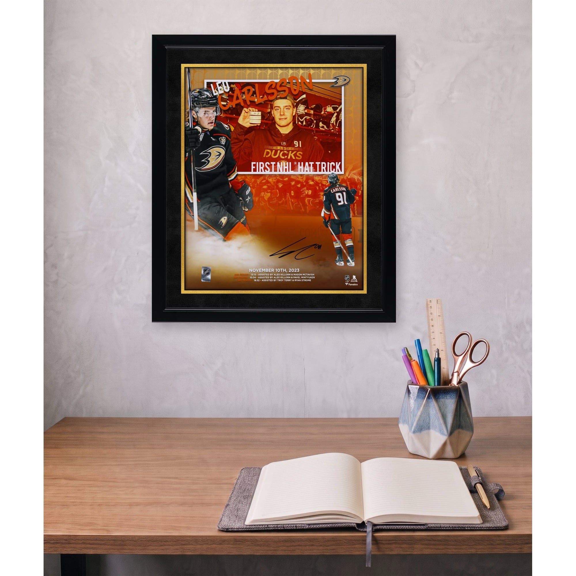 Leo Carlsson Anaheim Ducks Autographed 16" x 20" First NHL Hat Trick Stylized Photograph