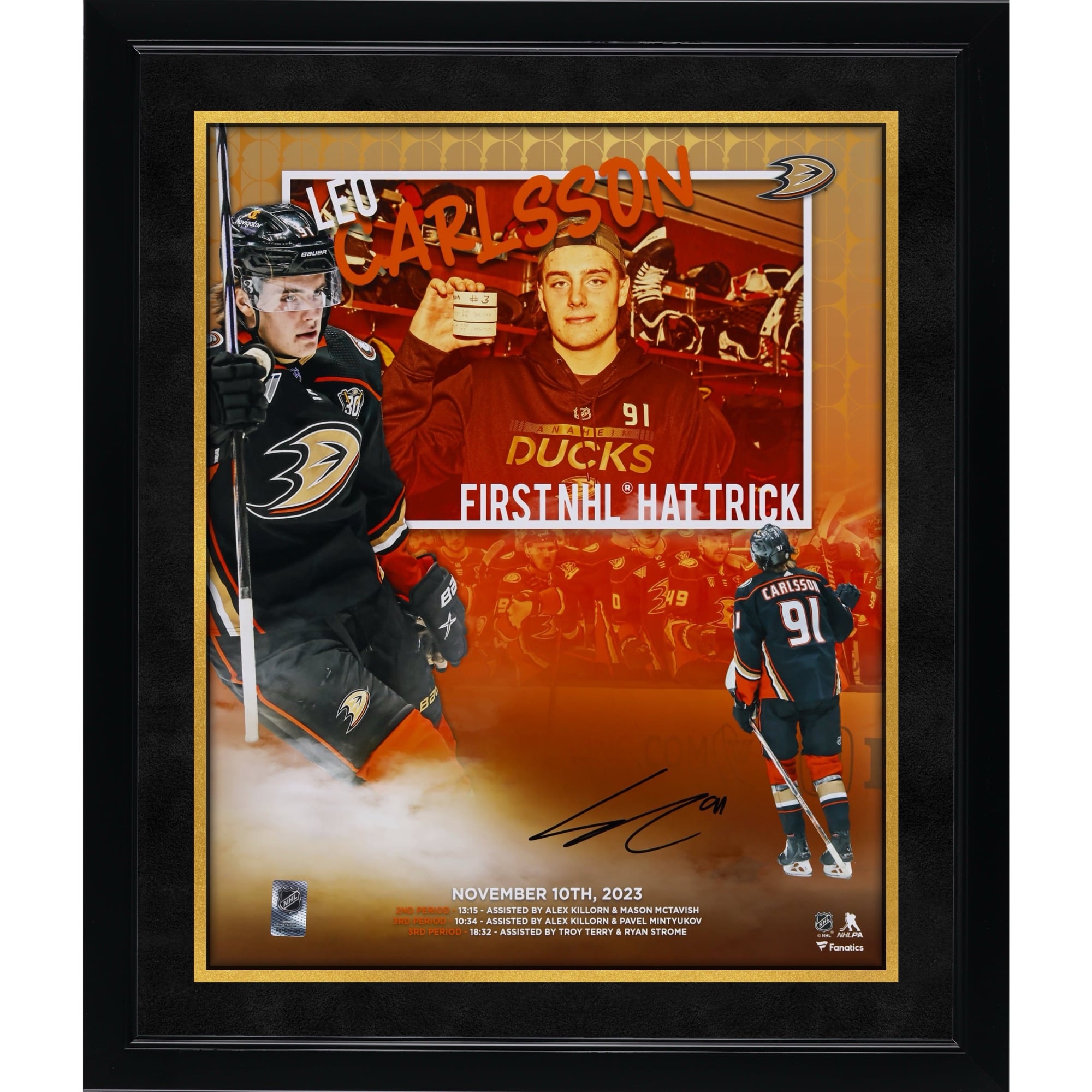 Leo Carlsson Anaheim Ducks Autographed 16" x 20" First NHL Hat Trick Stylized Photograph