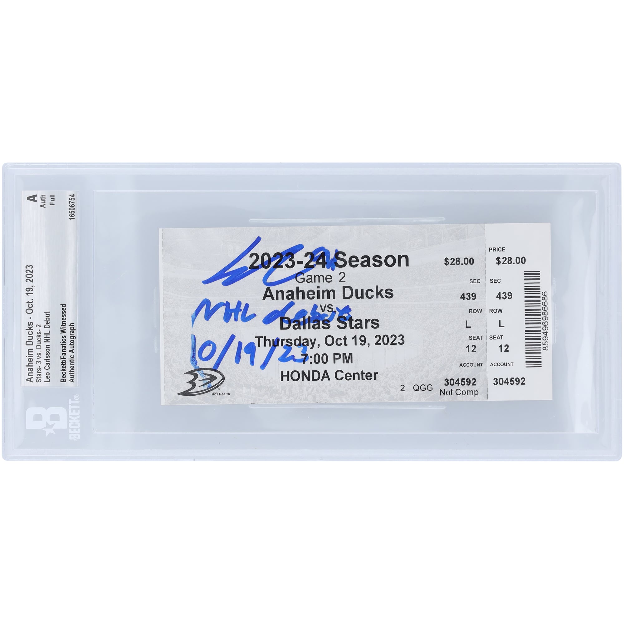 Leo Carlsson Anaheim Ducks Autographed NHL Debut Ticket with "NHL Debut 10/19/23" Inscription - BAS Authenticated