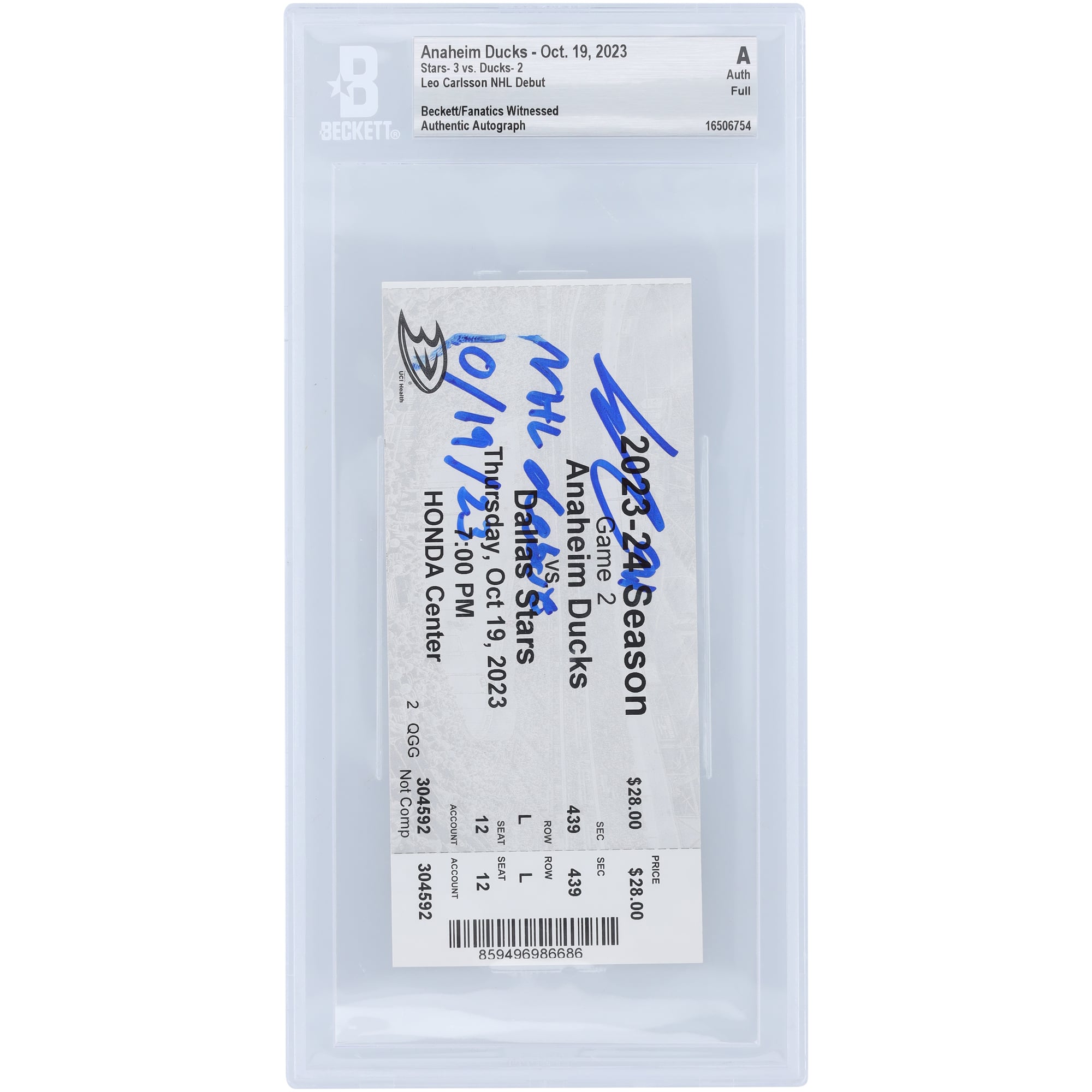 Leo Carlsson Anaheim Ducks Autographed NHL Debut Ticket with "NHL Debut 10/19/23" Inscription - BAS Authenticated