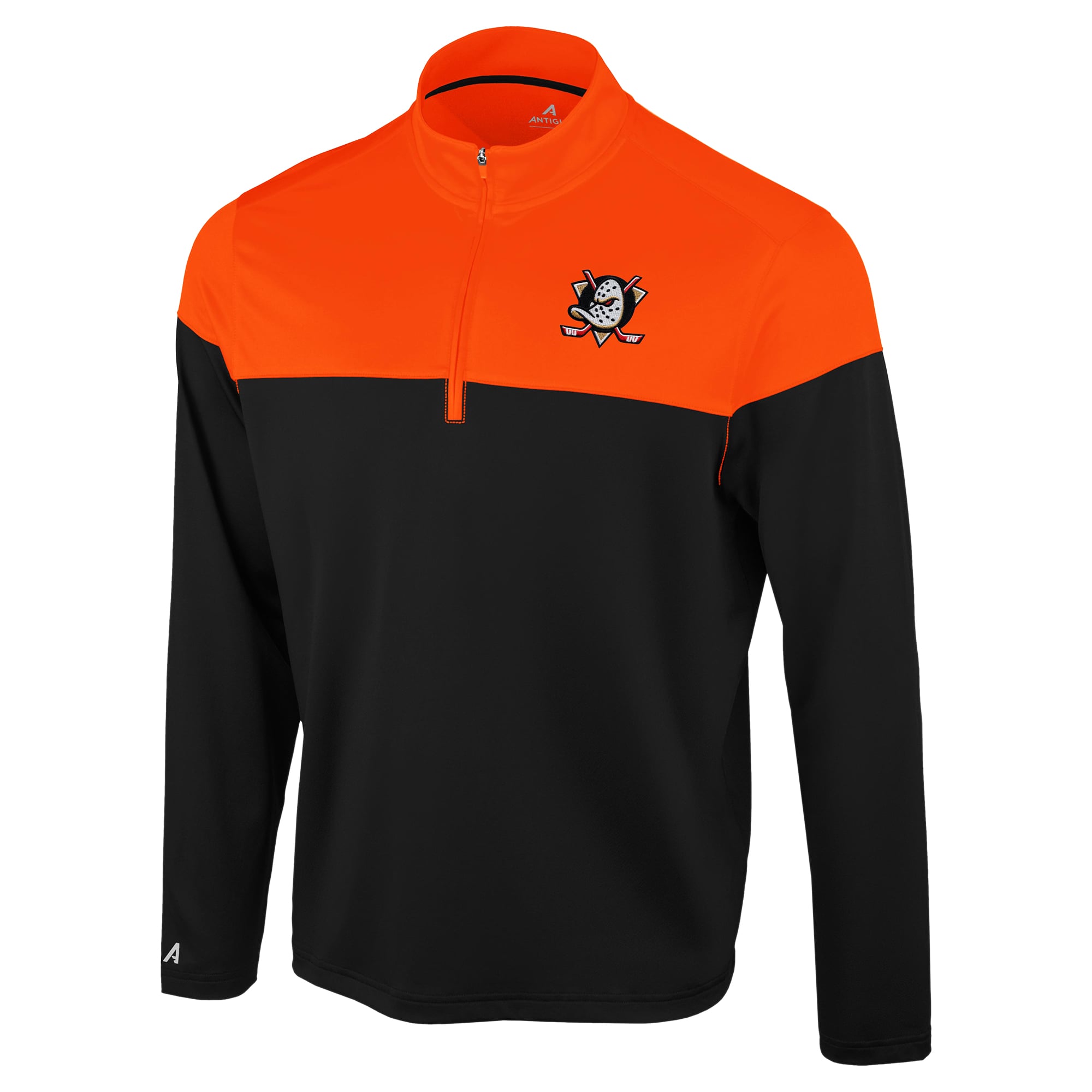 Pull à col zippé Antigua noir et orange Anaheim Ducks pour homme