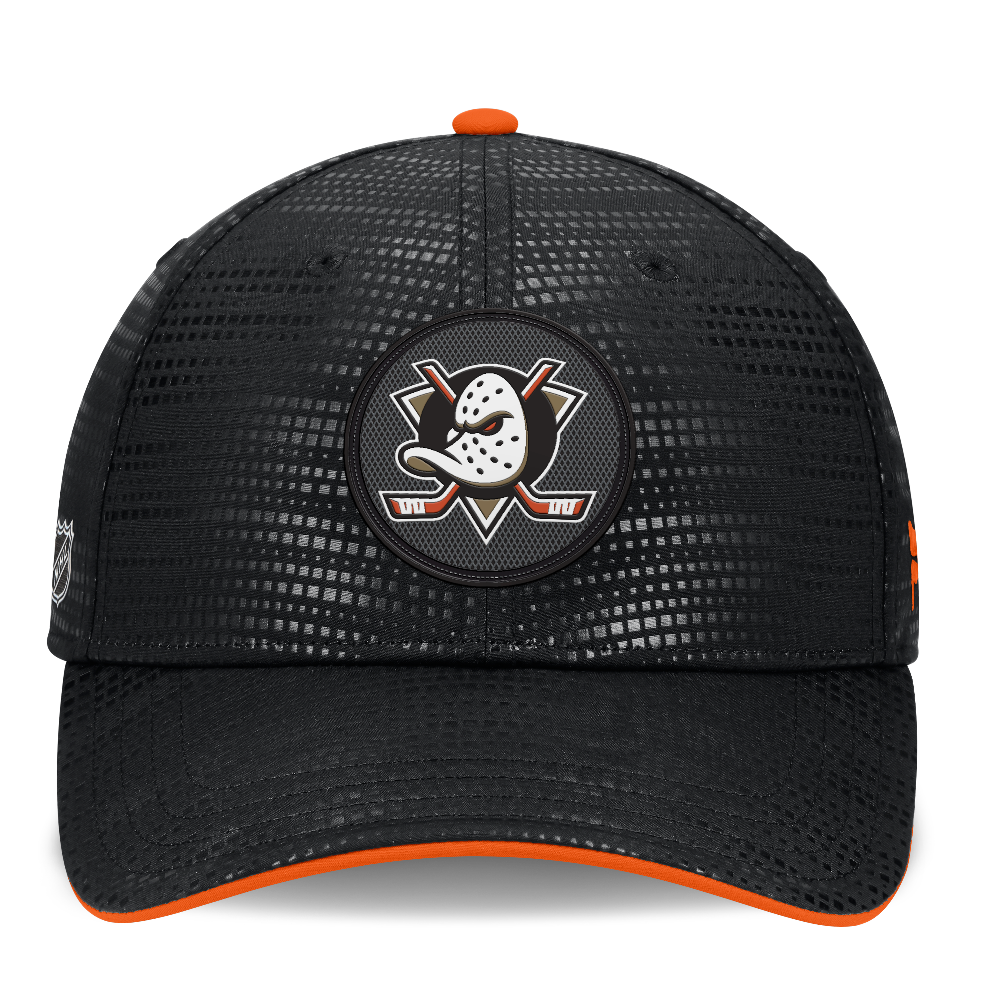 Casquette Fanatics noire authentique Anaheim Ducks Pro Rink pour homme, coupe extensible, logo en relief.