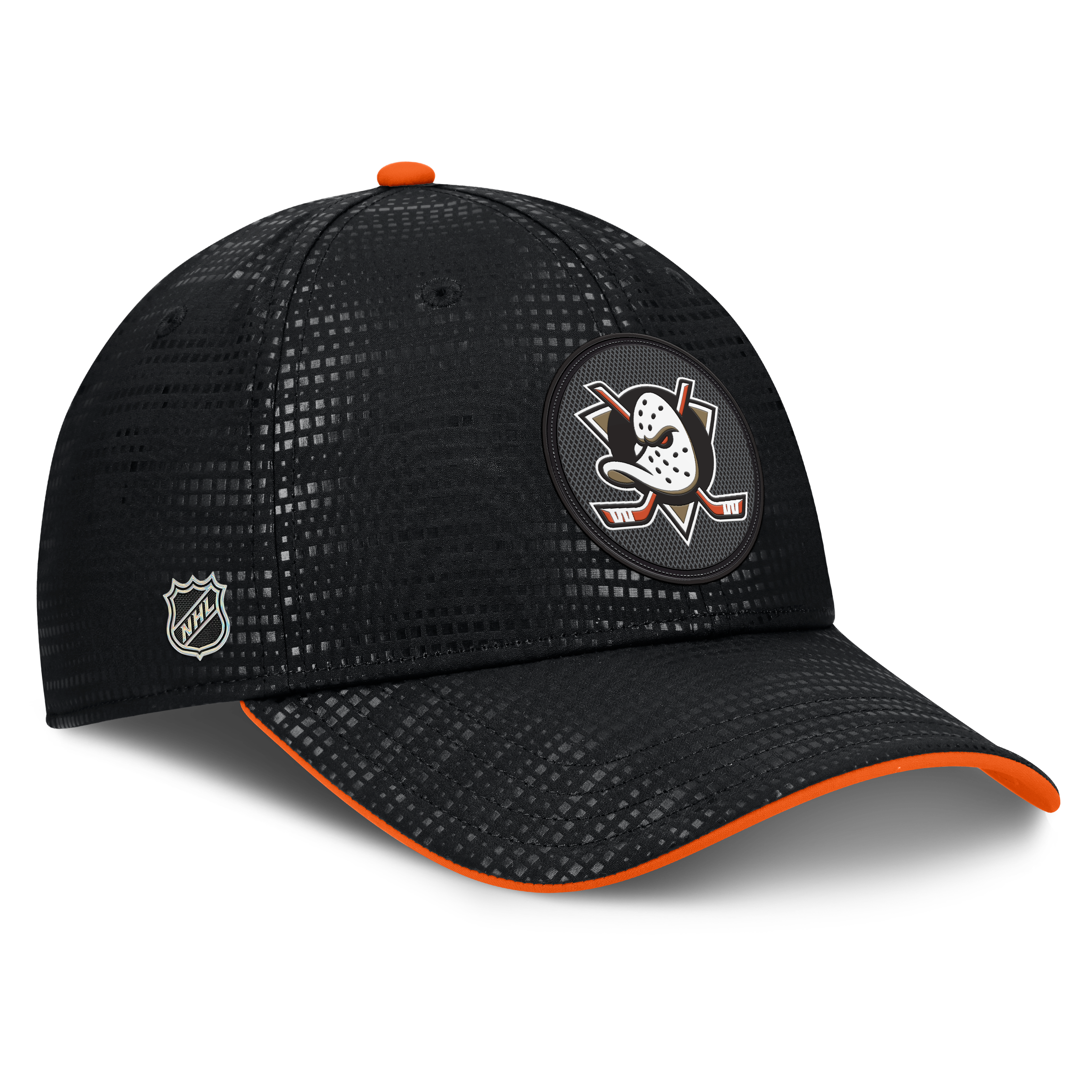Casquette Fanatics noire authentique Anaheim Ducks Pro Rink pour homme, coupe extensible, logo en relief.