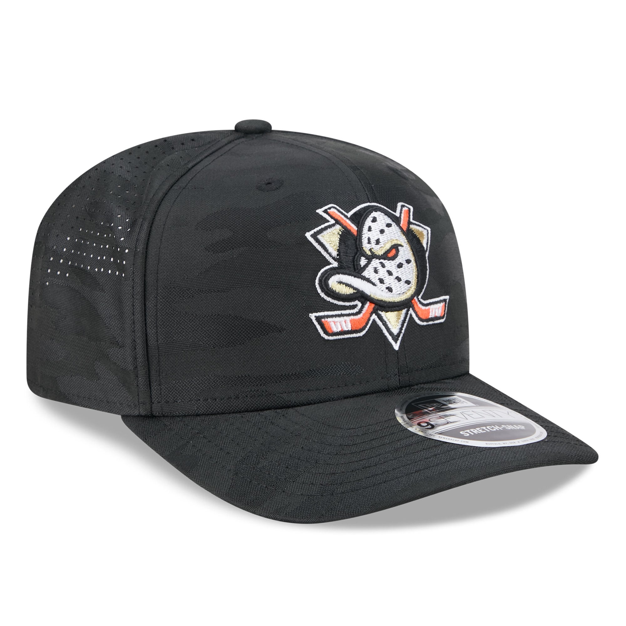 Casquette ajustable perforée New Era noire Anaheim Ducks Camo 9SEVENTY pour homme