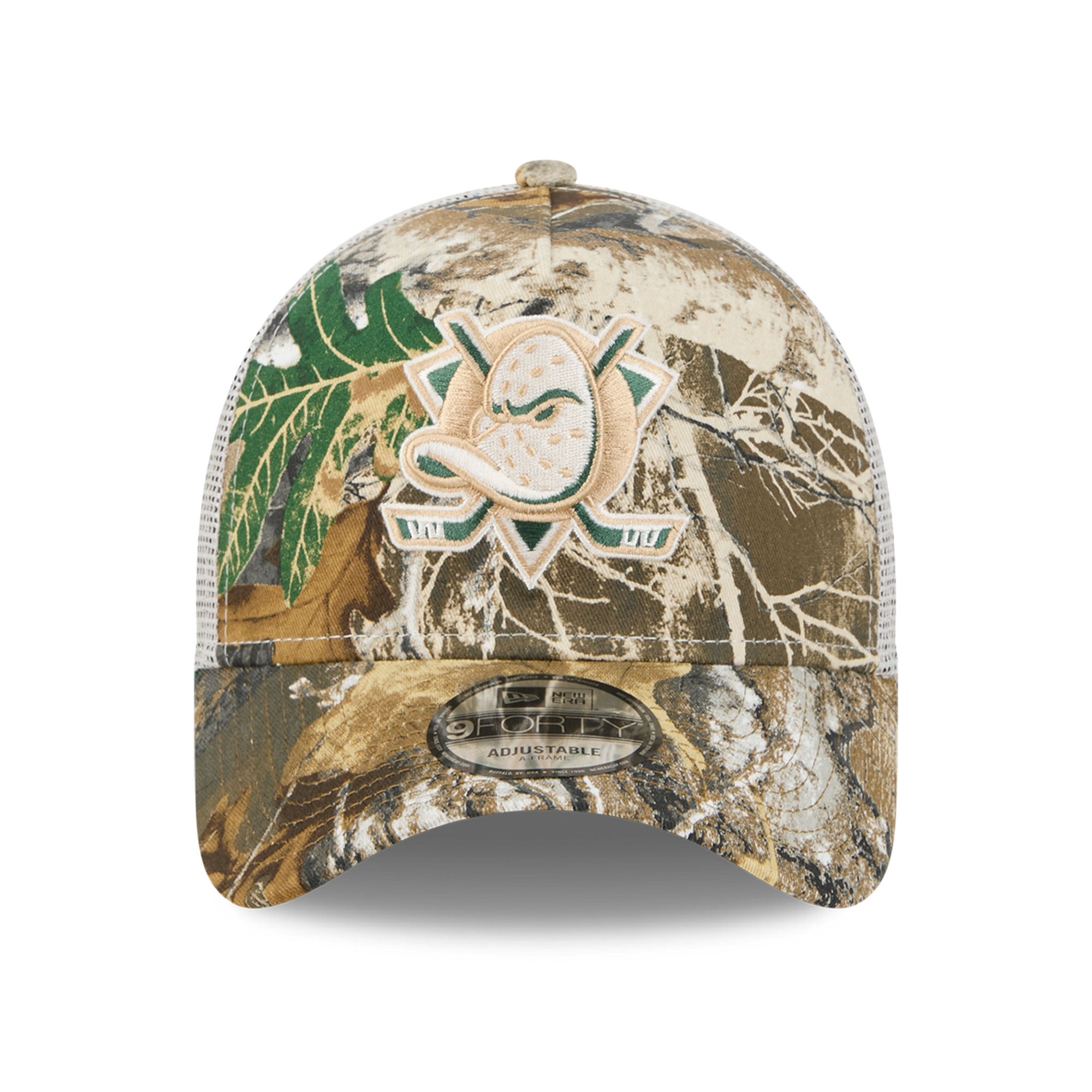 Men's New Era Camo Anaheim Ducks Real Tree A-Frame 9FORTY Adjustable Trucker Hat