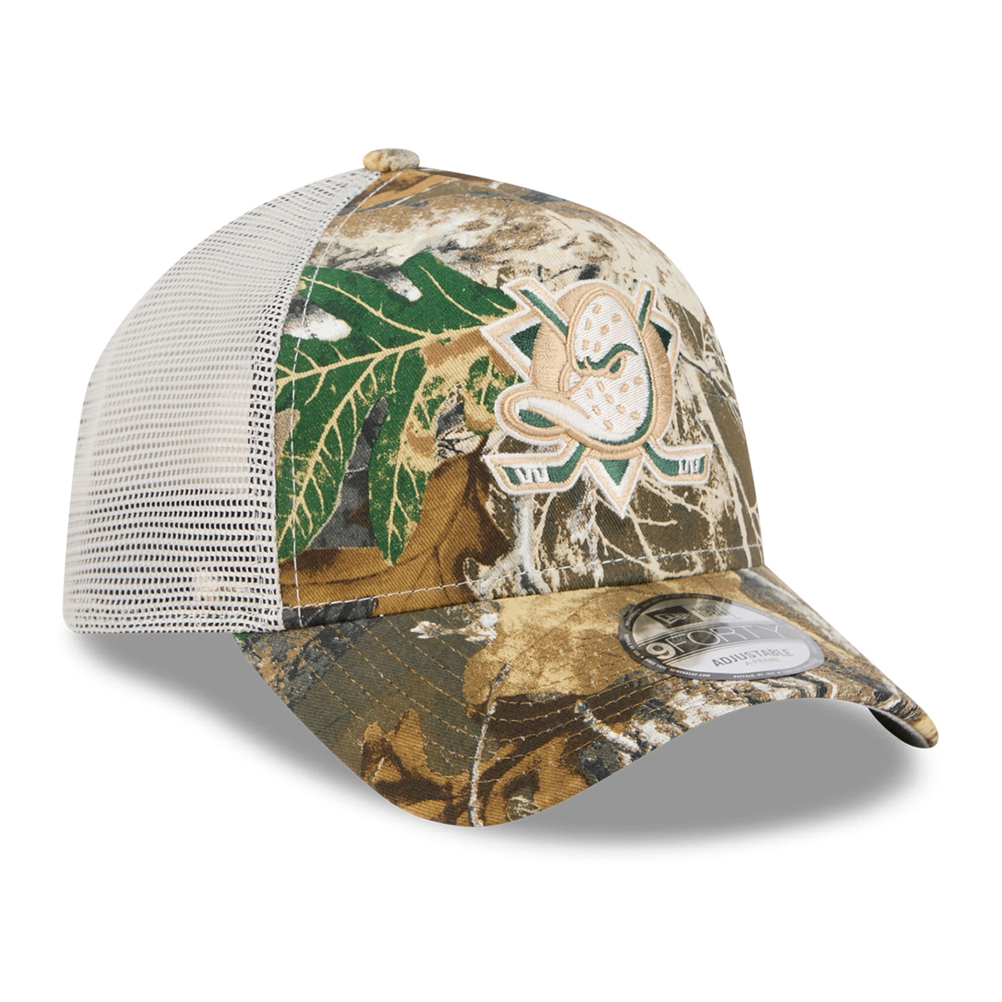 Men's New Era Camo Anaheim Ducks Real Tree A-Frame 9FORTY Adjustable Trucker Hat