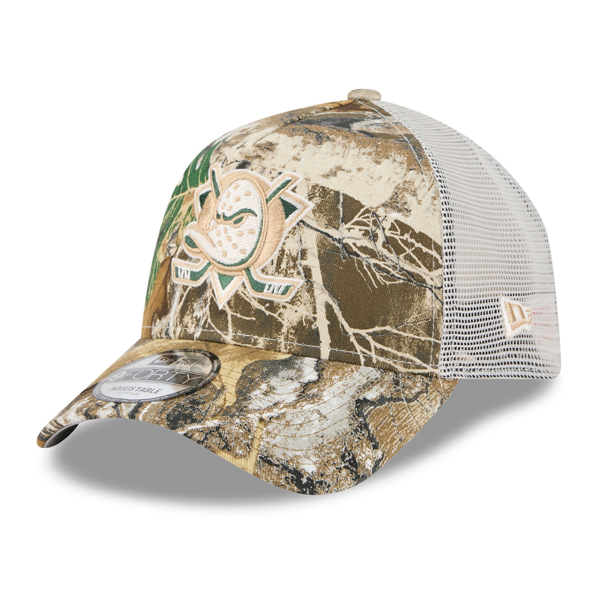 Men's New Era Camo Anaheim Ducks Real Tree A-Frame 9FORTY Adjustable Trucker Hat
