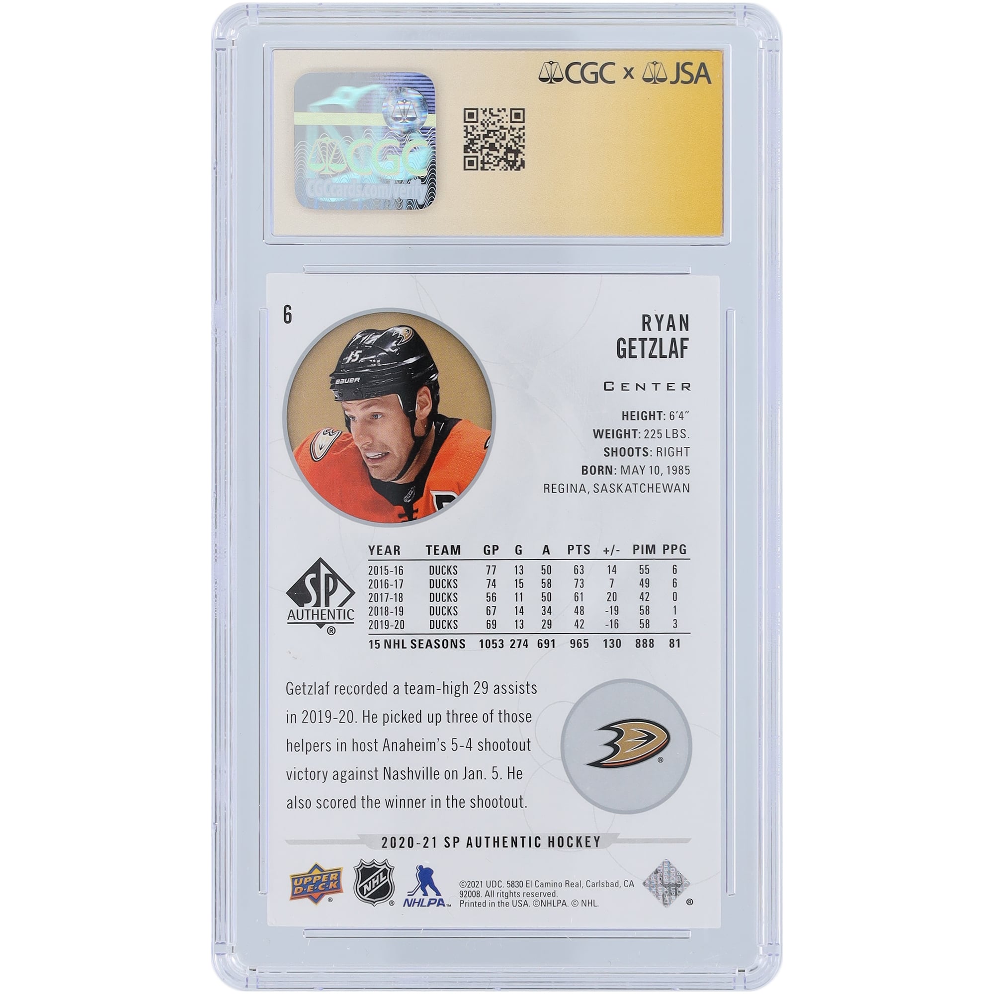 Ryan Getzlaf Anaheim Ducks Autographed 2020-21 Upper Deck SP Authentic #6 CGC Fanatics Witnessed Authenticated Card