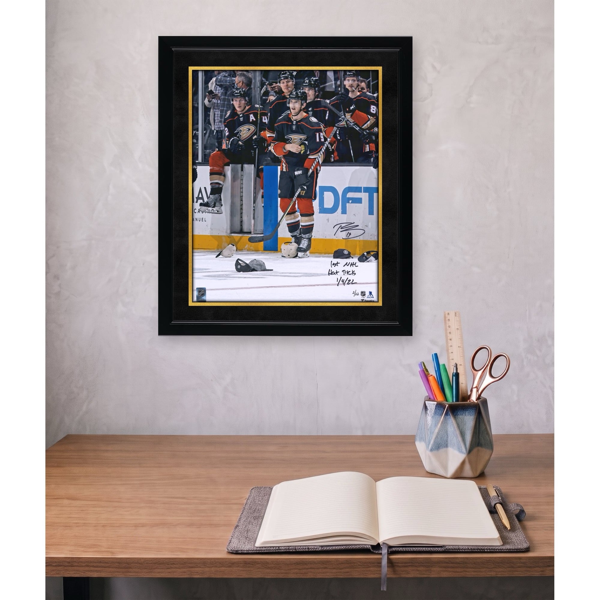 Troy Terry Anaheim Ducks Autographed 16'' x 20'' Hat Trick Celebration Photograph with ''1ST NHL HAT TRICK 1/4/22'' Inscription - Limited Edition of 22