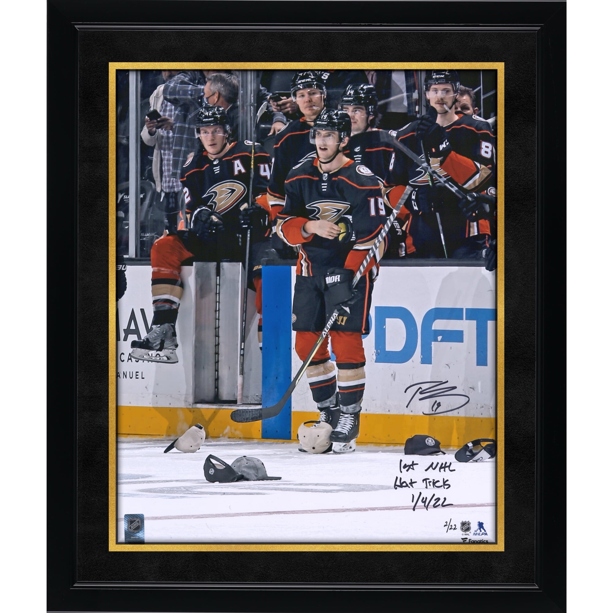 Troy Terry Anaheim Ducks Autographed 16'' x 20'' Hat Trick Celebration Photograph with ''1ST NHL HAT TRICK 1/4/22'' Inscription - Limited Edition of 22