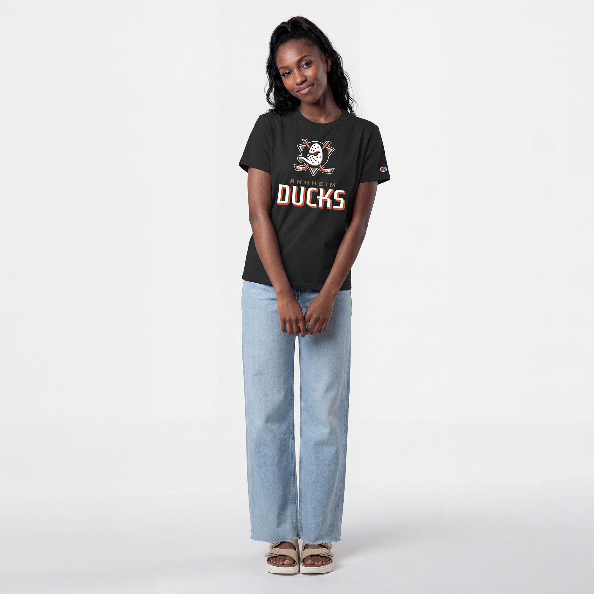 T-shirt noir Champion Anaheim Ducks pour femmes avec logo Lockup