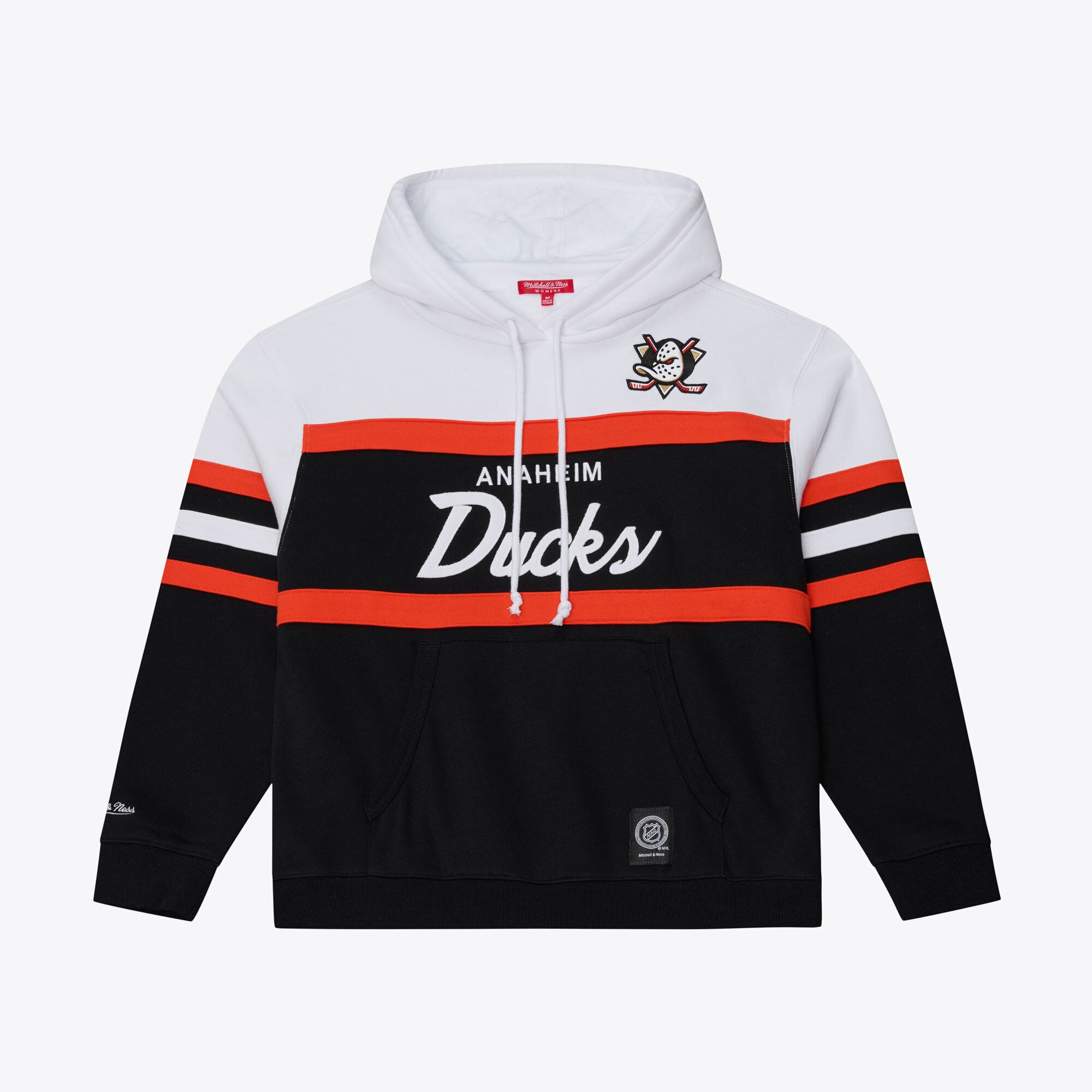 Sweat à capuche Mitchell & Ness blanc et noir pour femme, modèle Anaheim Ducks Head Coach