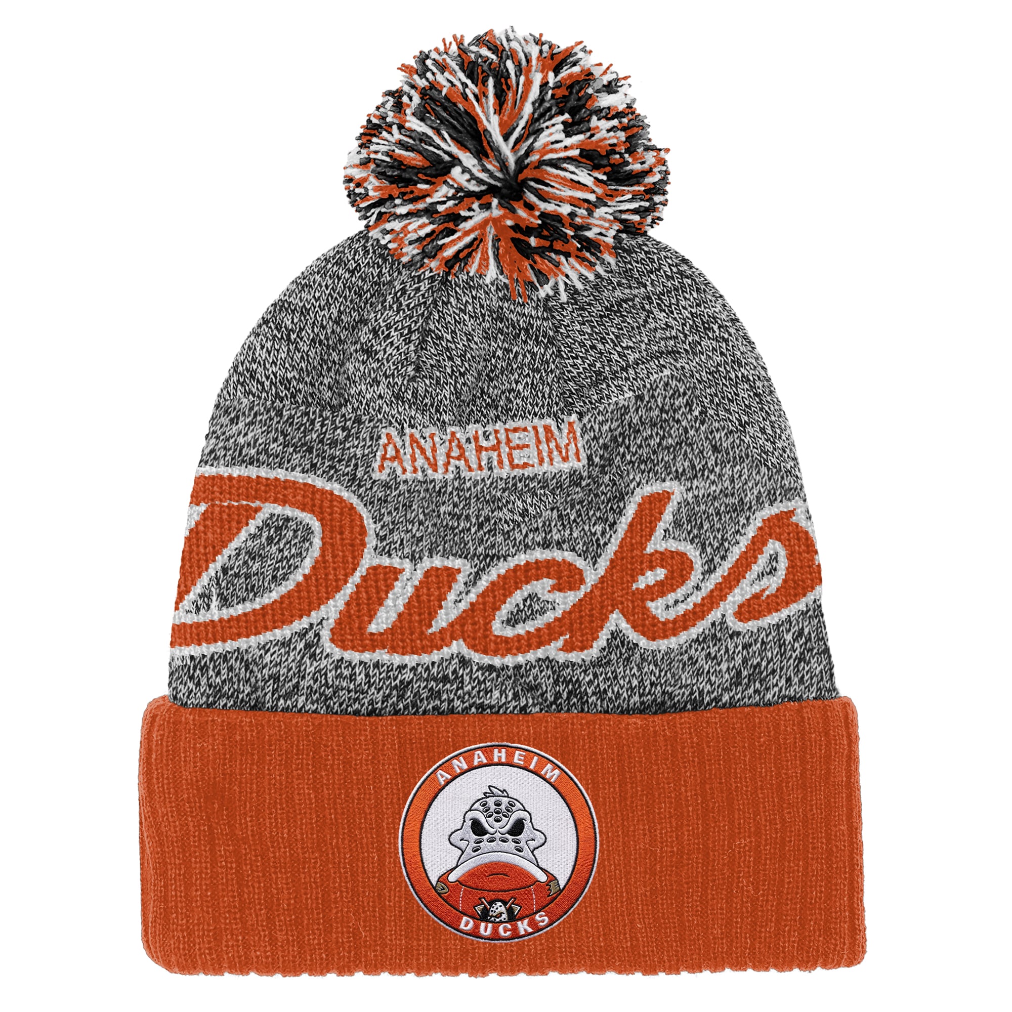 Bonnet à revers Mitchell & Ness orange/gris à l'effigie de la mascotte des Ducks d'Anaheim, avec pompon.