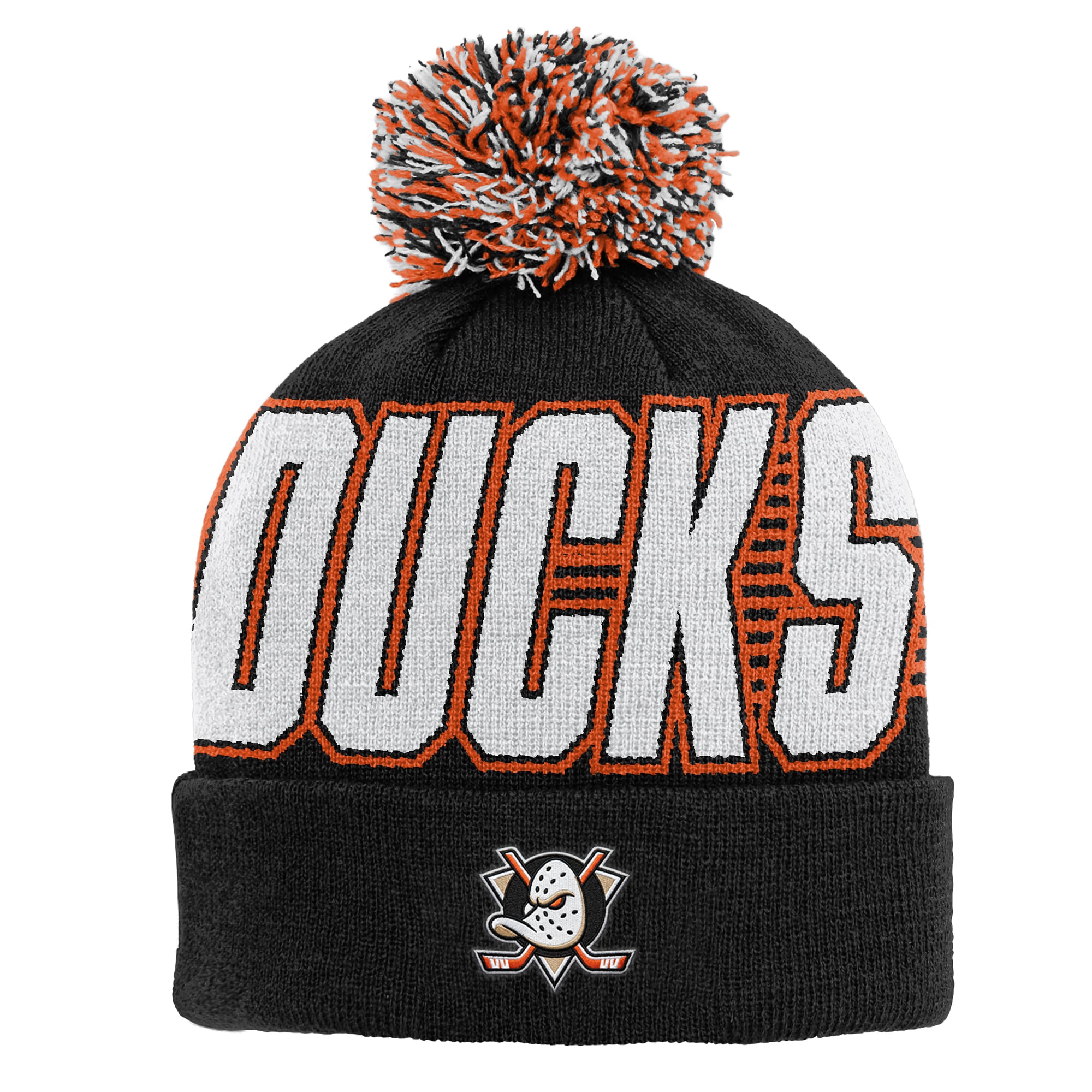 Bonnet tricoté à revers noir Anaheim Ducks pour enfant Outerstuff avec pompon