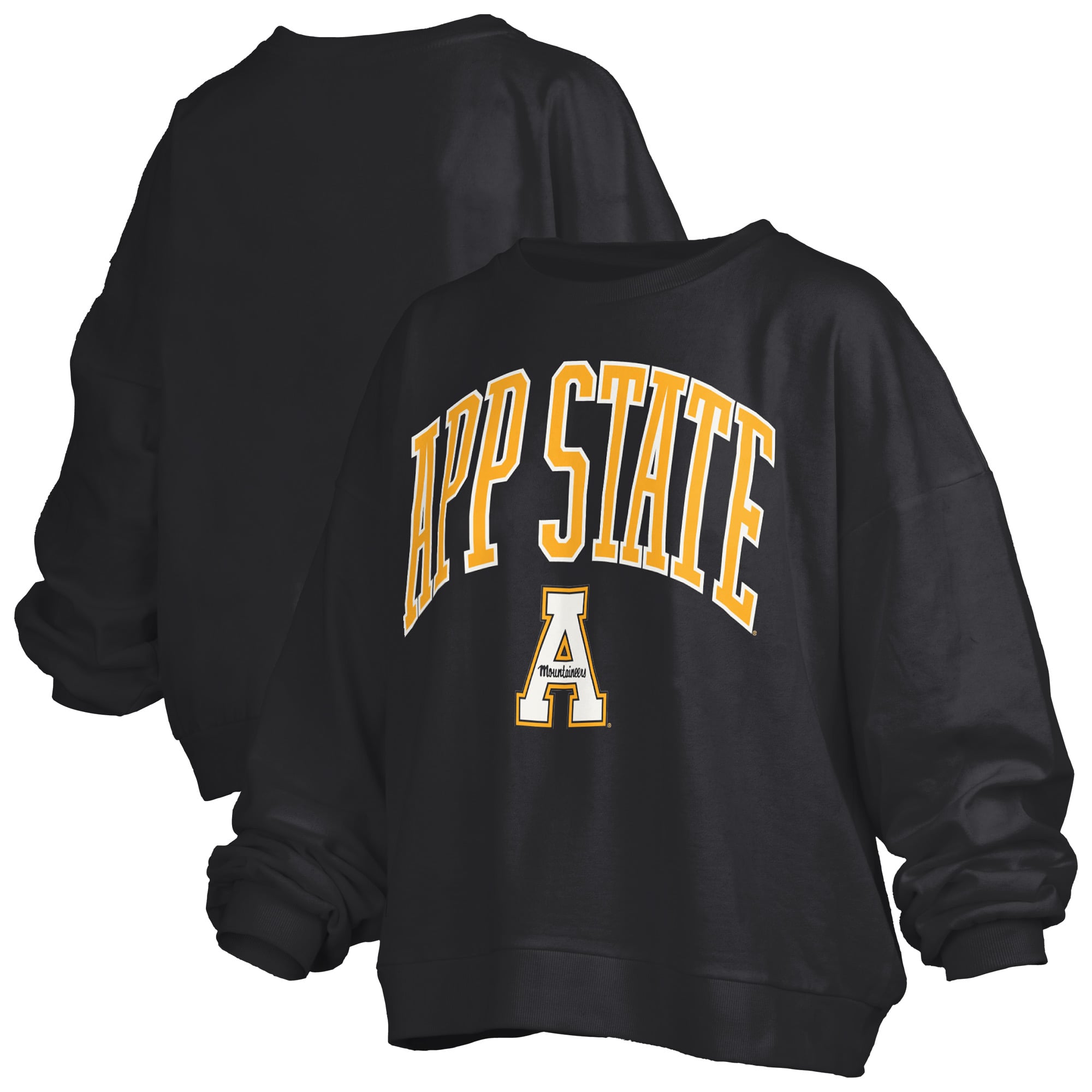 Sweat-shirt polaire oversize noir Pressbox pour femme, modèle Janise Arch Over Logo des Appalachian State Mountaineers.