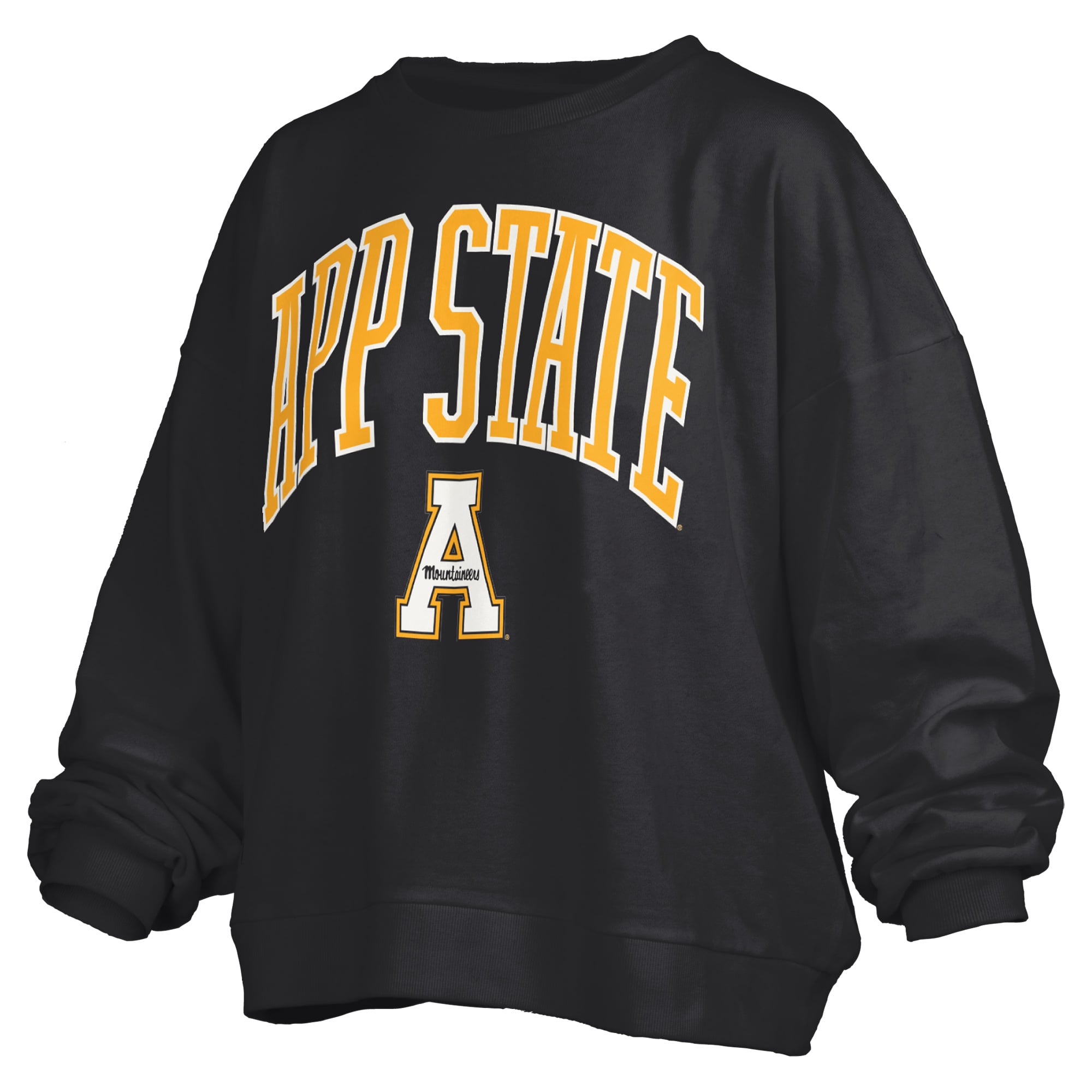 Sweat-shirt polaire oversize noir Pressbox pour femme, modèle Janise Arch Over Logo des Appalachian State Mountaineers.