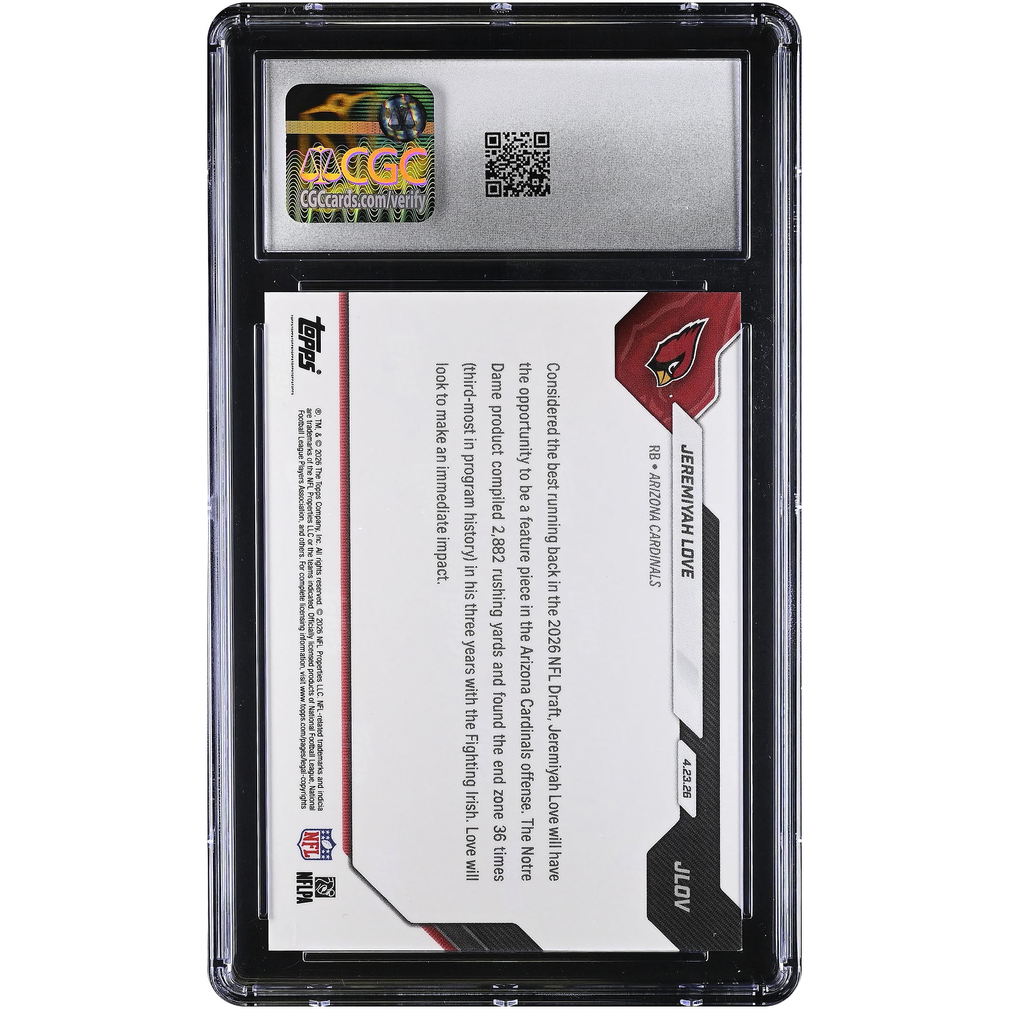 Jeremiyah Love Arizona Cardinals 2026 Topps Now Cardinals 3rd Overall '26 NFL Draft Selection Gold Foil #JLOV #/50 CGC Authenticated 8.5 Rookie Card
