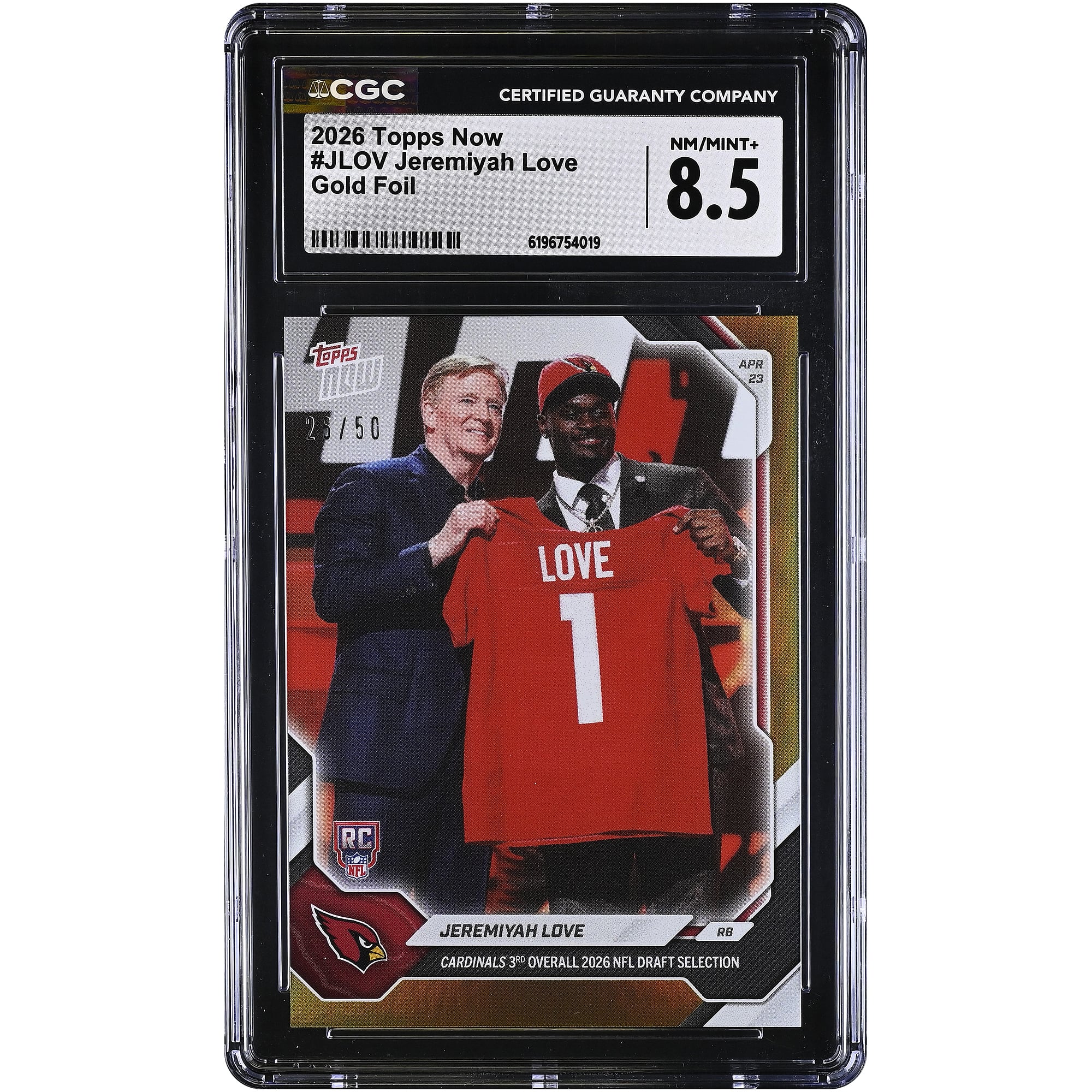 Jeremiyah Love Arizona Cardinals 2026 Topps Now Cardinals 3rd Overall '26 NFL Draft Selection Gold Foil #JLOV #/50 CGC Authenticated 8.5 Rookie Card