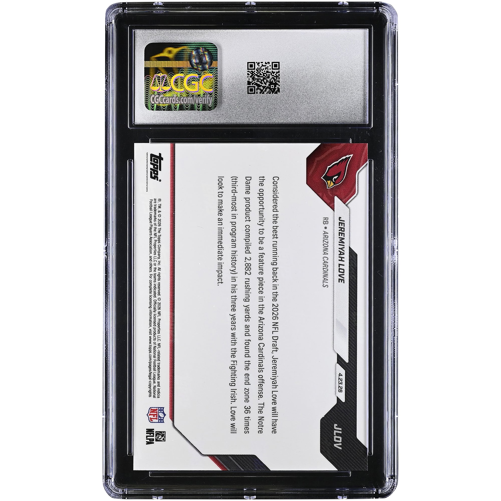Jeremiyah Love Arizona Cardinals 2026 Topps Now Cardinals 3rd Overall '26 NFL Draft Selection #JLOV CGC Authenticated MINT+ 9.5 Rookie Card